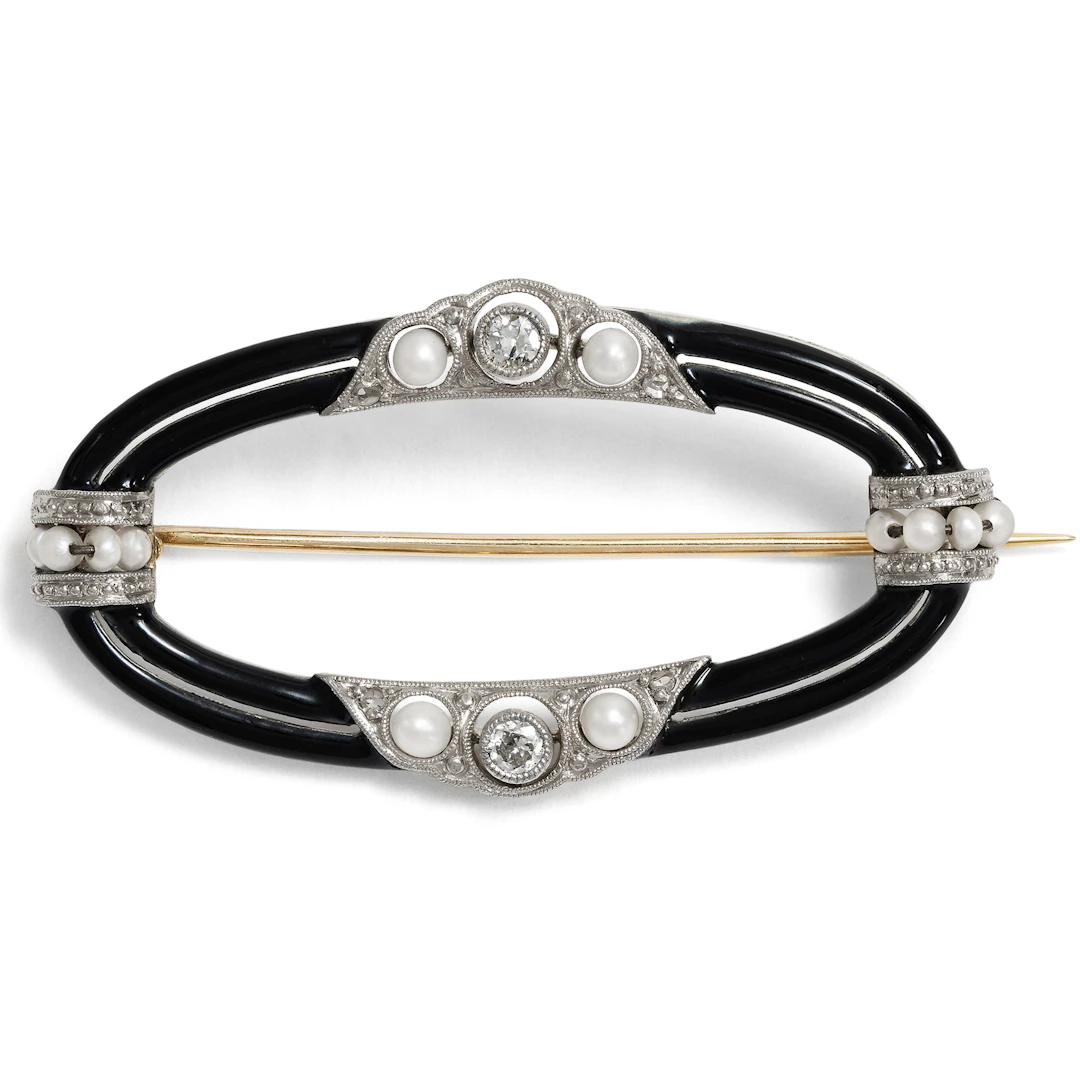 Elegant Brooch with Diamonds, Pearls & Black Enamel by Martin Mayer