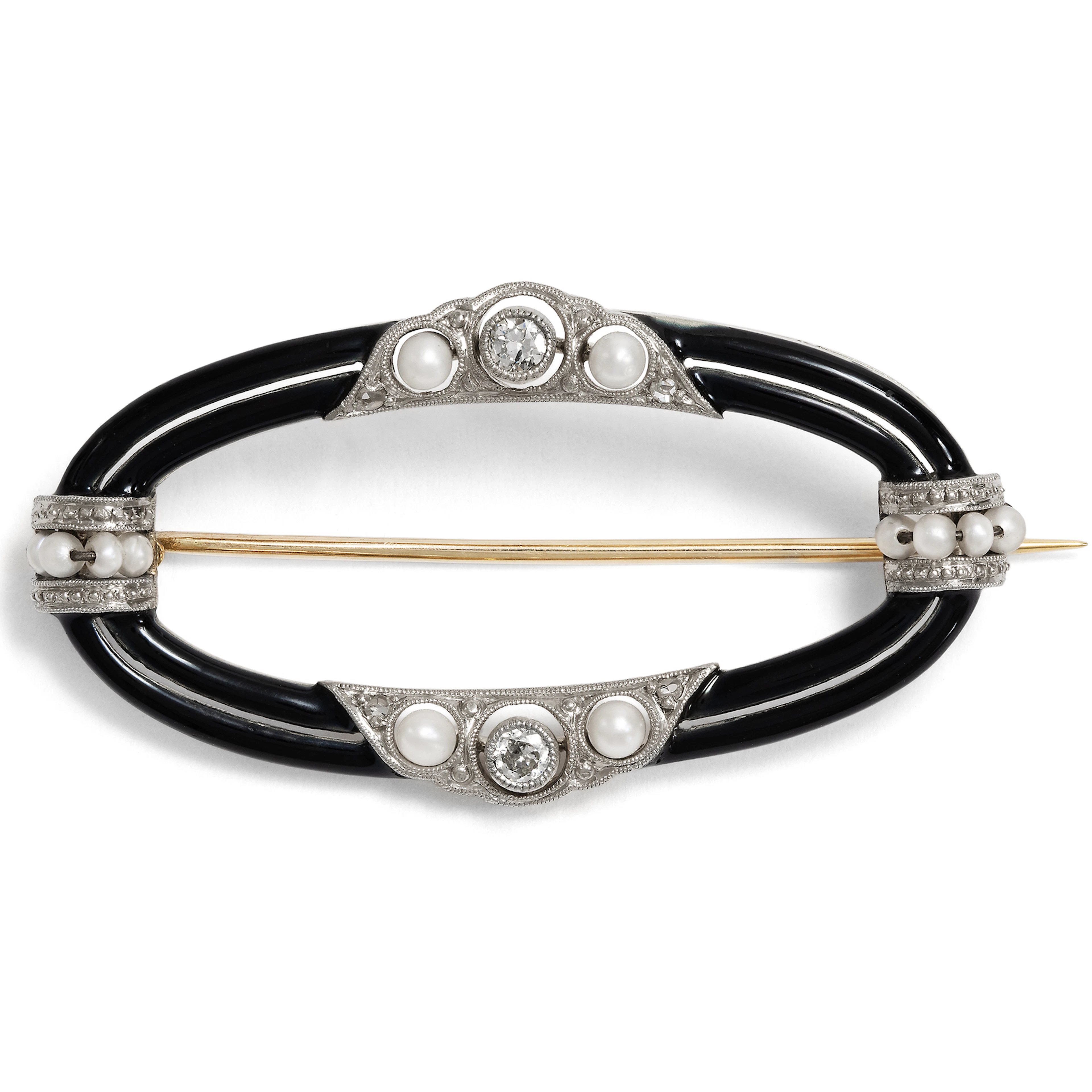 Elegant Brooch with Diamonds, Pearls & Black Enamel by Martin Mayer