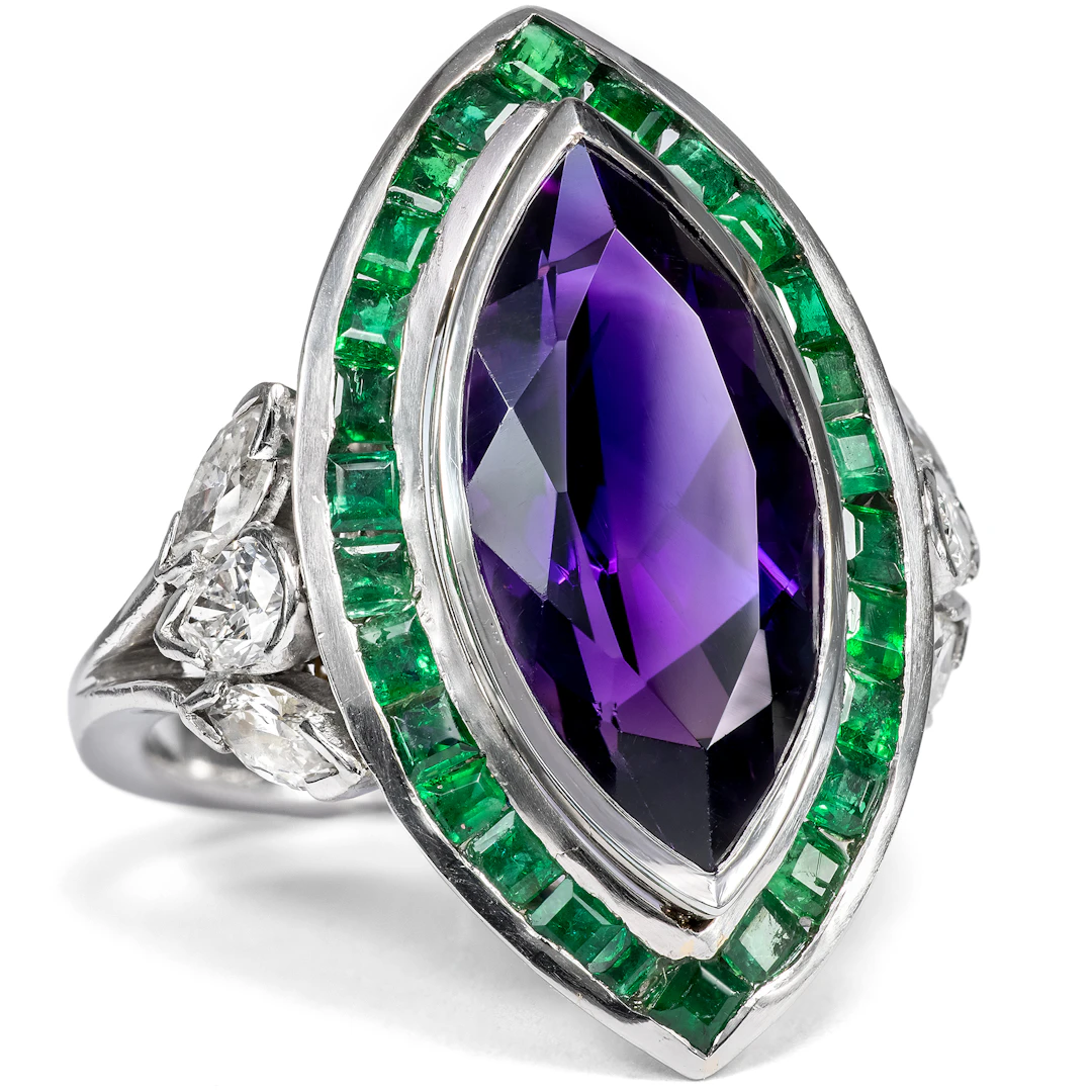 Stunning Platinum Ring with Amethyst, Emeralds & Diamonds by BVLGARI