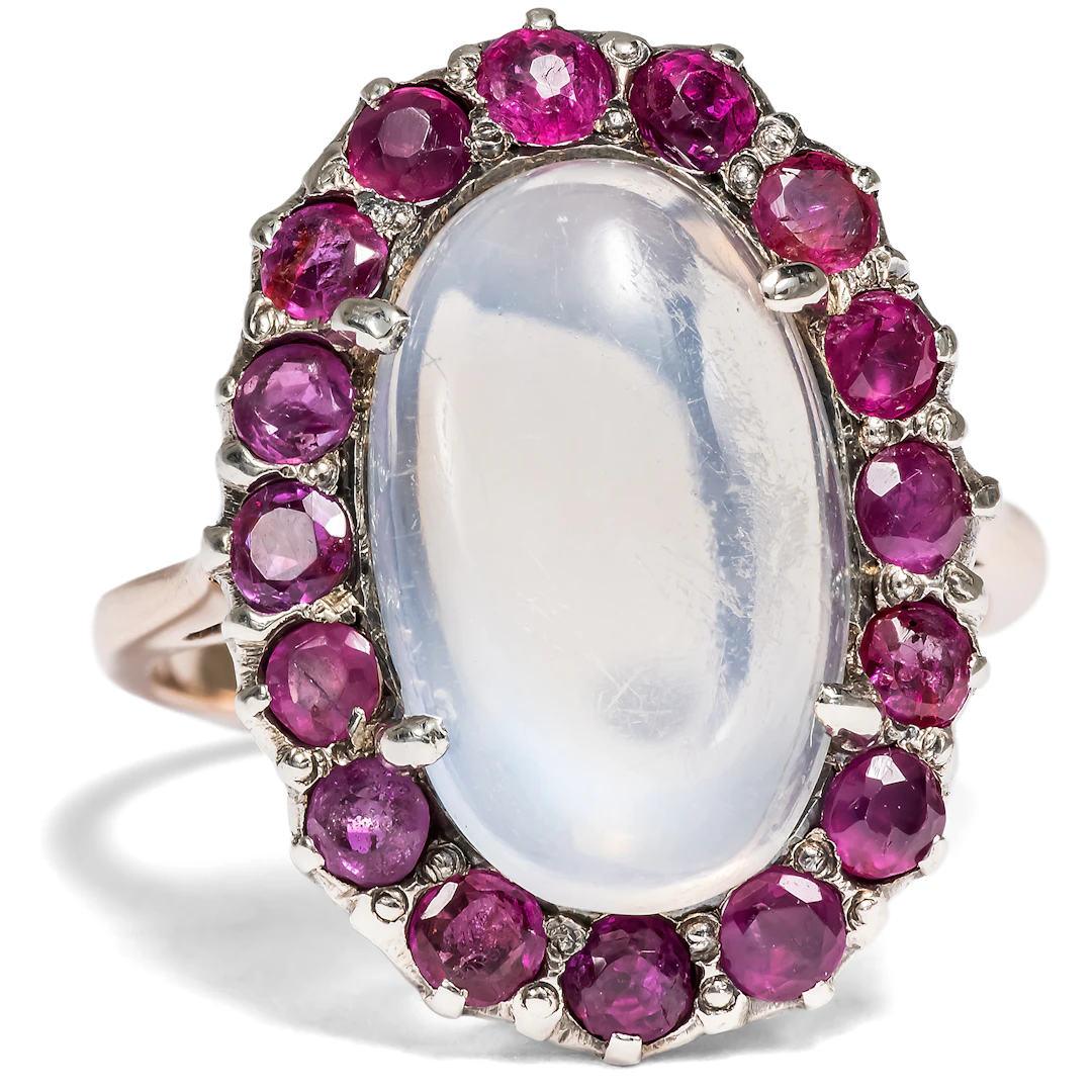 Vintage Ring with Moonstone and Pink Sapphires, likely South Asian