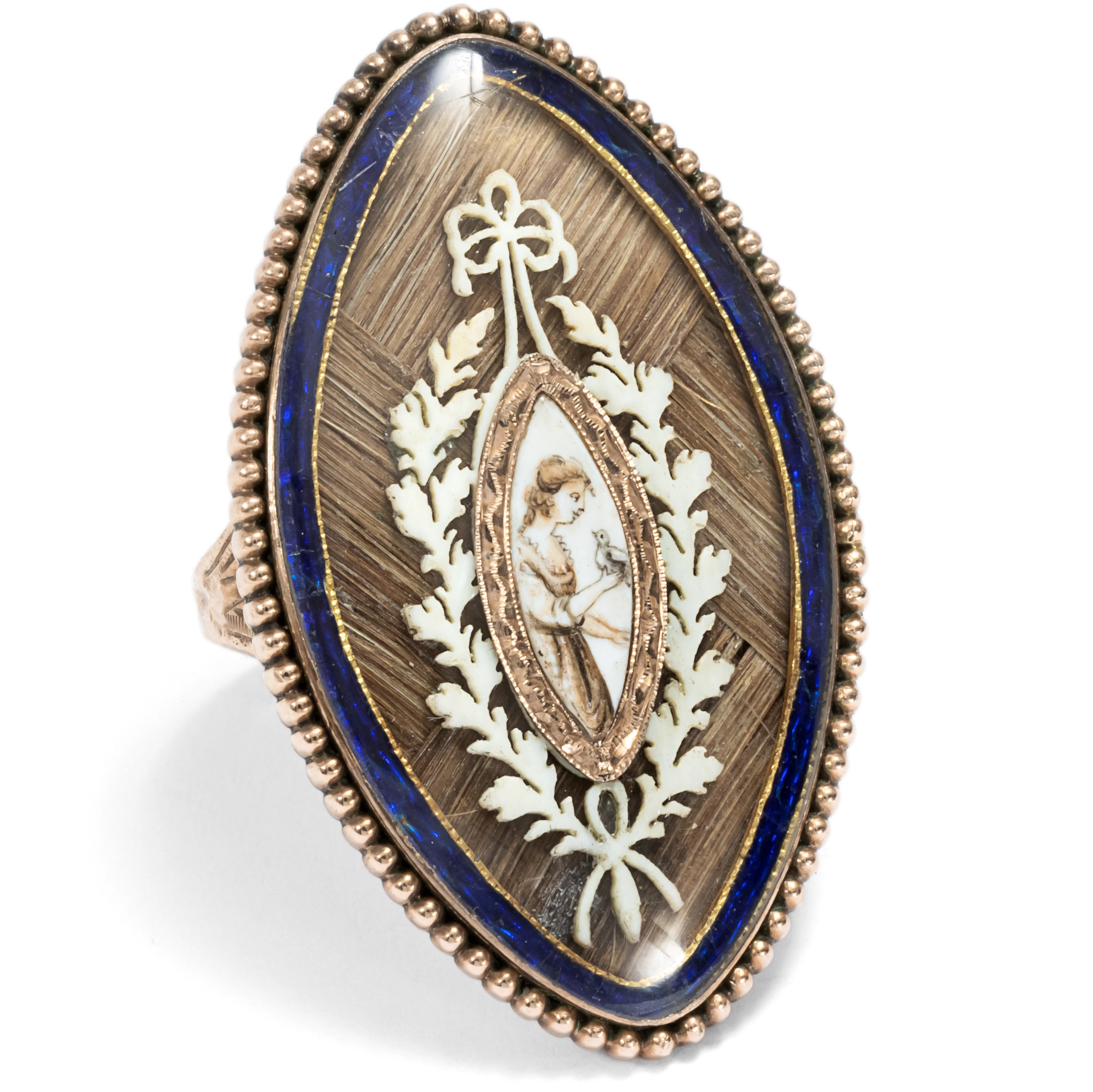 Sentimental Neo-Classical Ring with Miniature and Hair in Gold, c. 1790