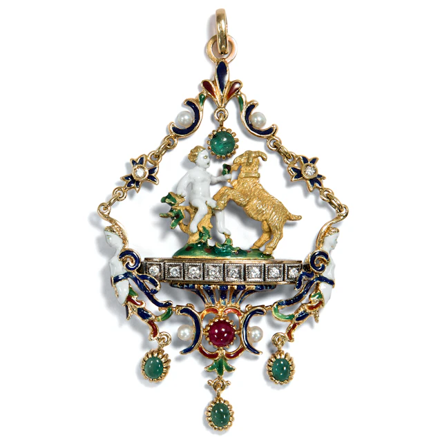 Large Enamel Pendant in Holbein Style With Diamonds, Pearls & Emeralds