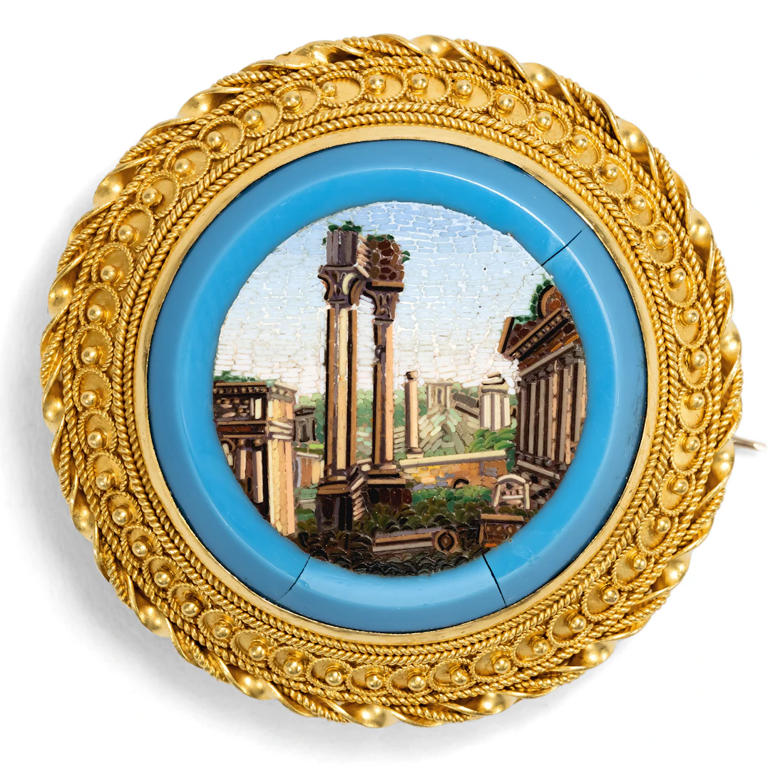Antique Gold Brooch with Micromosaic of the Roman Forum, Rome c. 1870