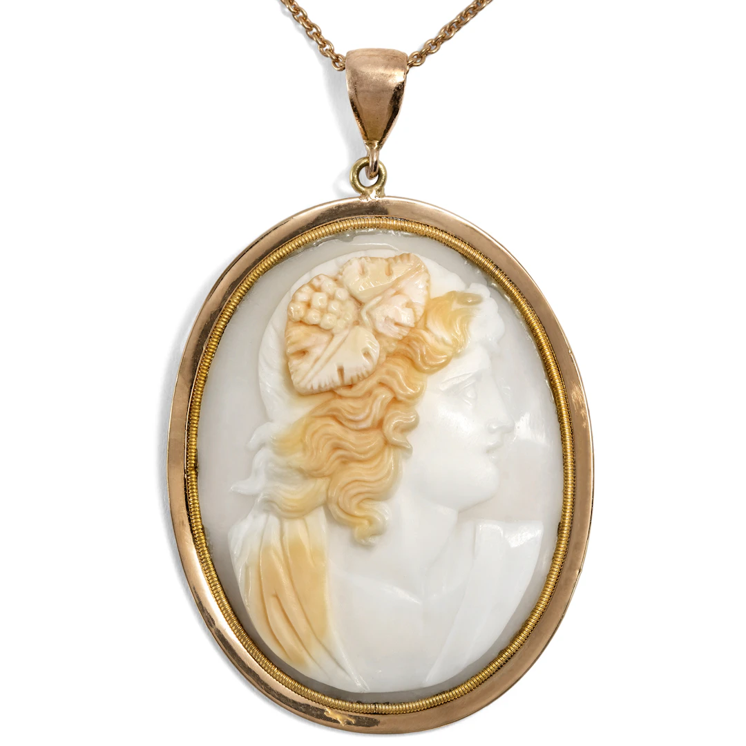 Beautiful Shell Cameo of Bacchus Set in Gold, c. 1870