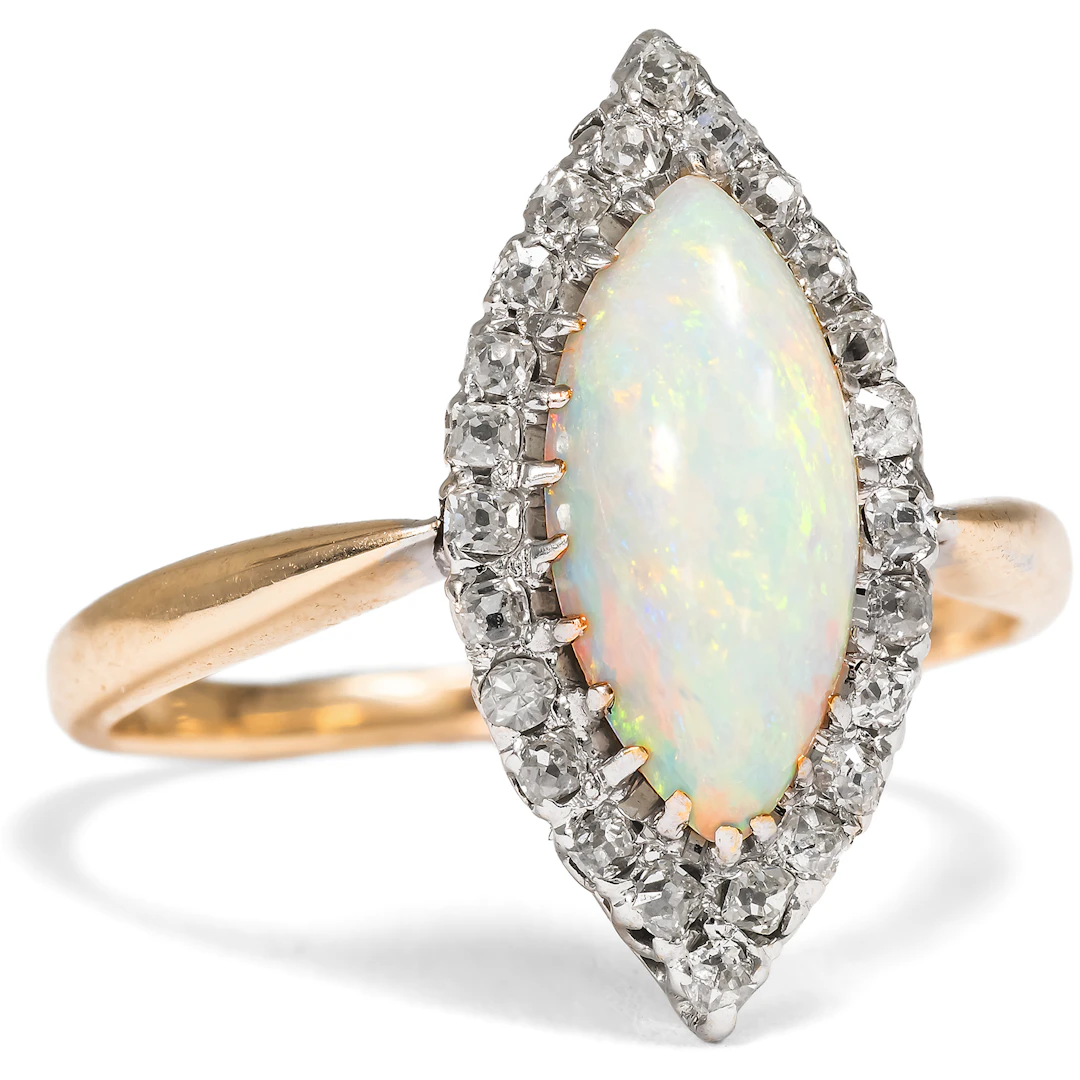 Antique Navette Ring with Opal and Diamonds in Gold, Dated 1900