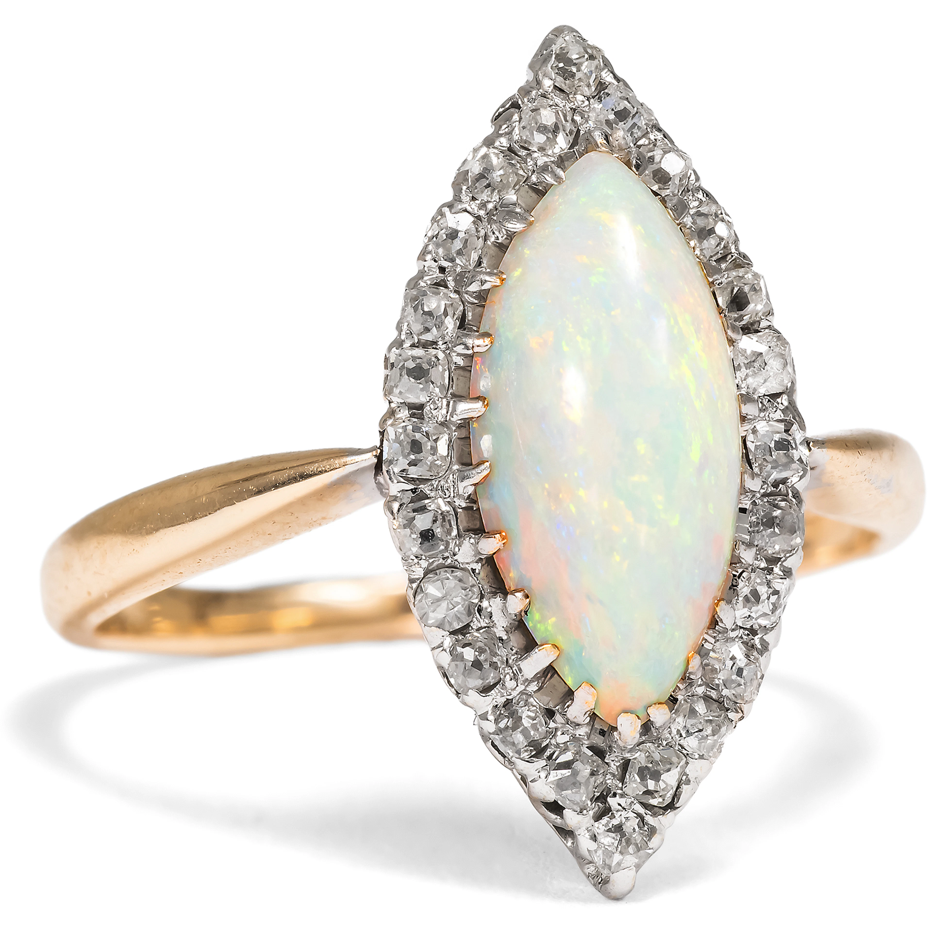 Antique Navette Ring with Opal and Diamonds in Gold, Dated 1900
