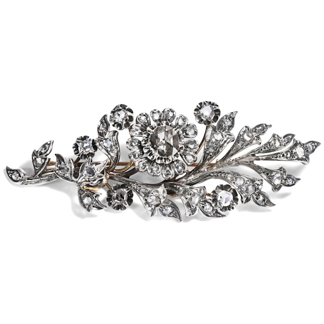 Large Flower Brooch With Rose Diamonds in Silver On Gold, Probably