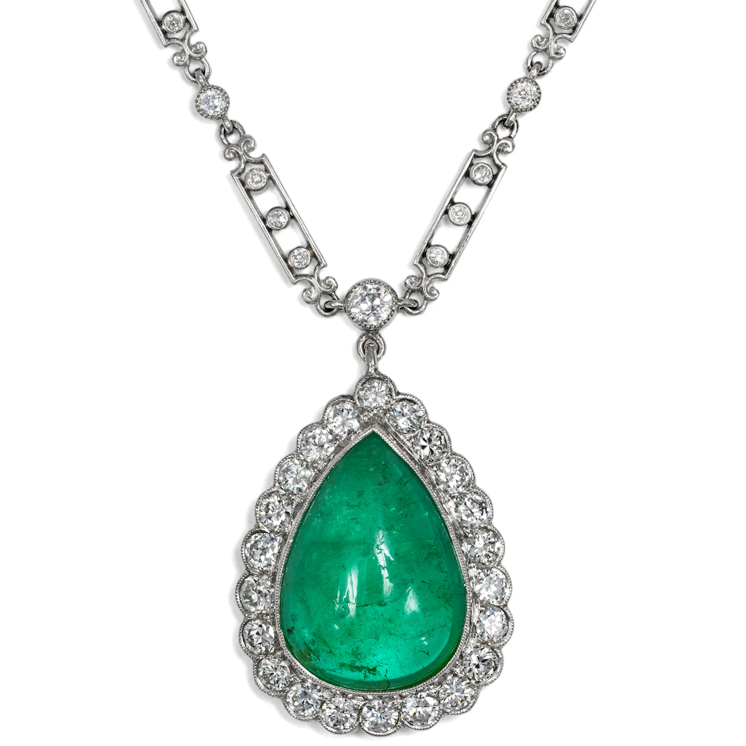 Vintage Pendant With Colombian Emerald & Diamonds on an Antique Platinum