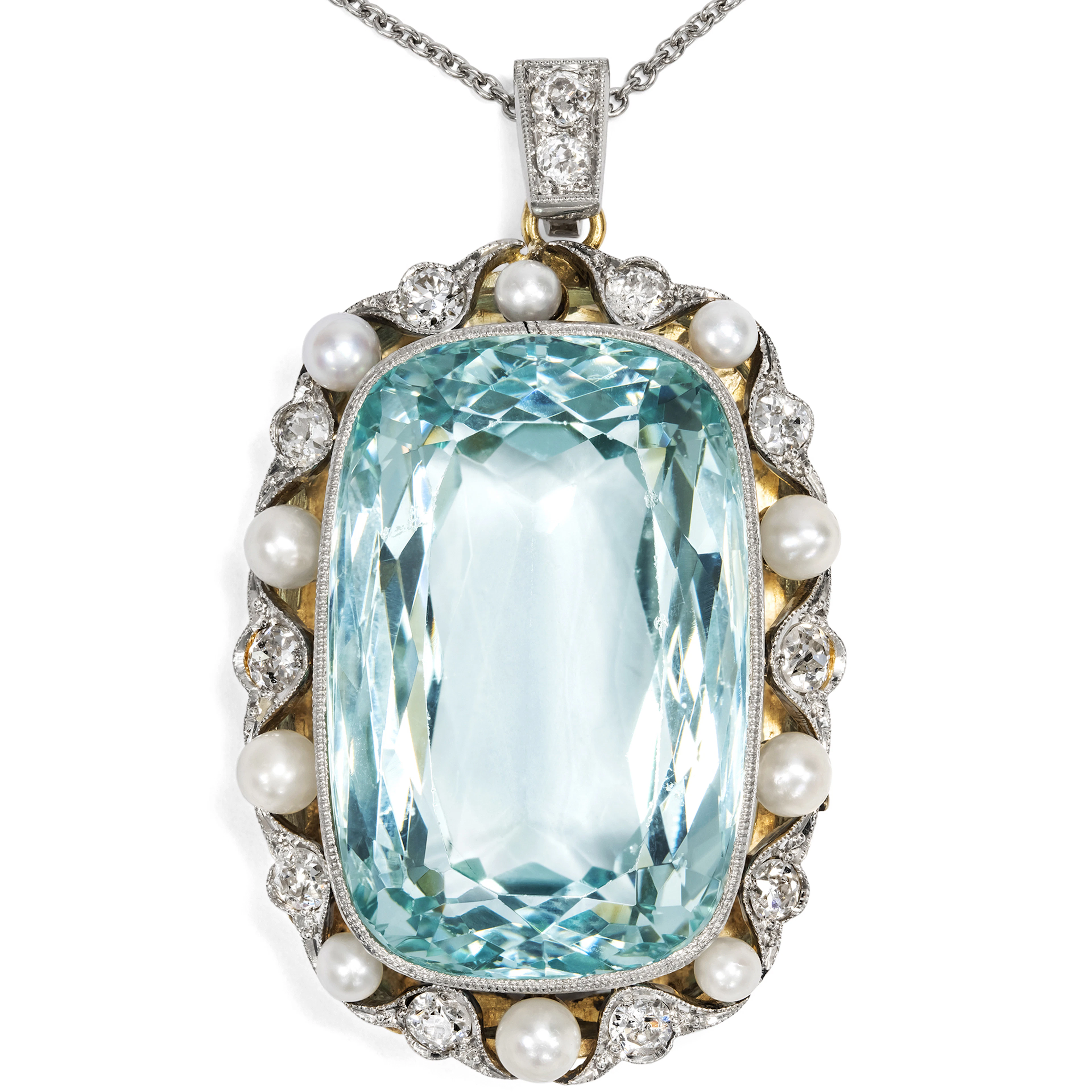 Precious Pendant with Aquamarine & Pearls in Platinum on Gold, C. 1910 & Later