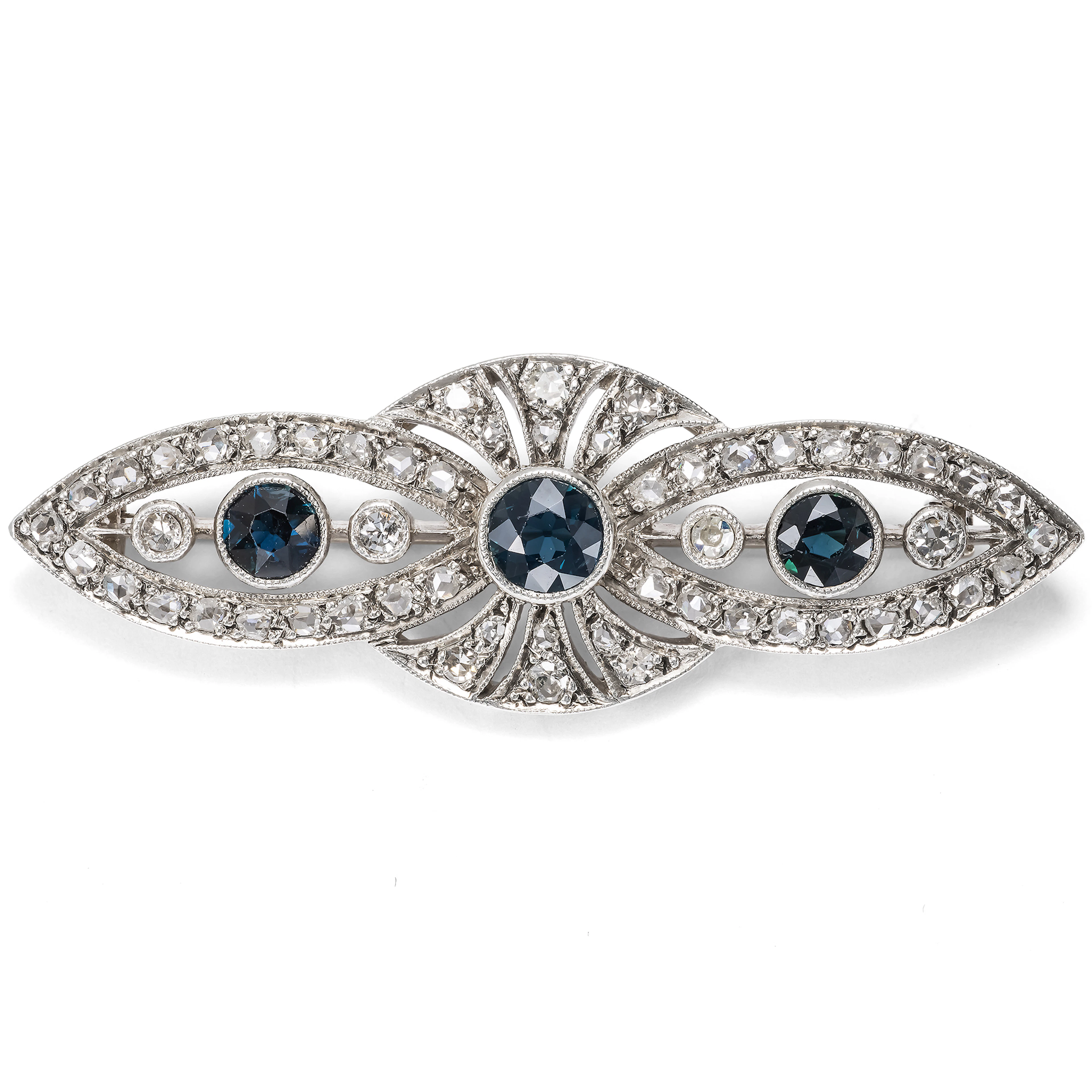 Elegant Brooch with Diamonds & Sapphires in Silver on Gold, c. 1910