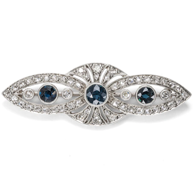 Elegant Brooch with Diamonds & Sapphires in Silver on Gold, c. 1910