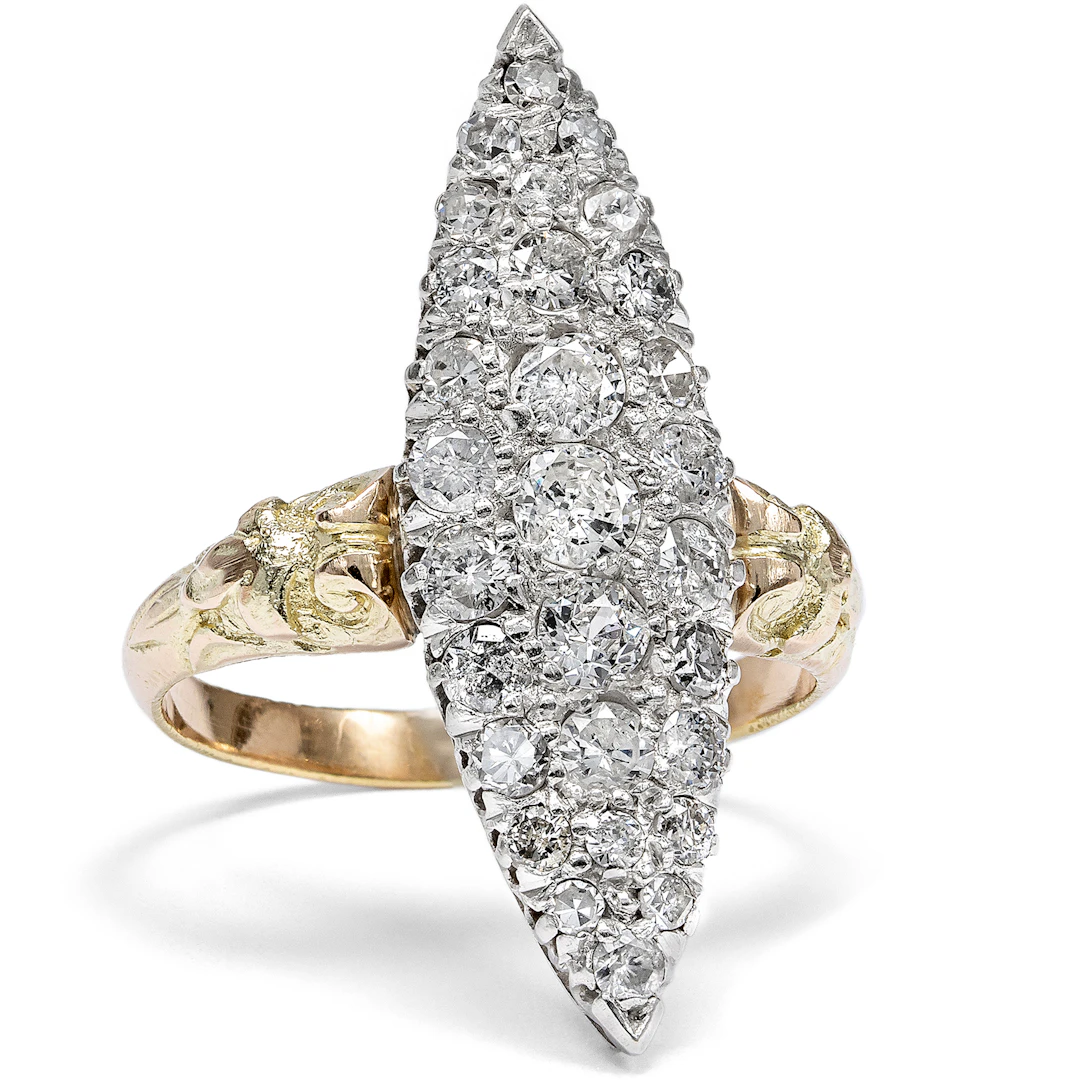 Antique Boat Ring with Diamonds in Different Cuts, c. 1930