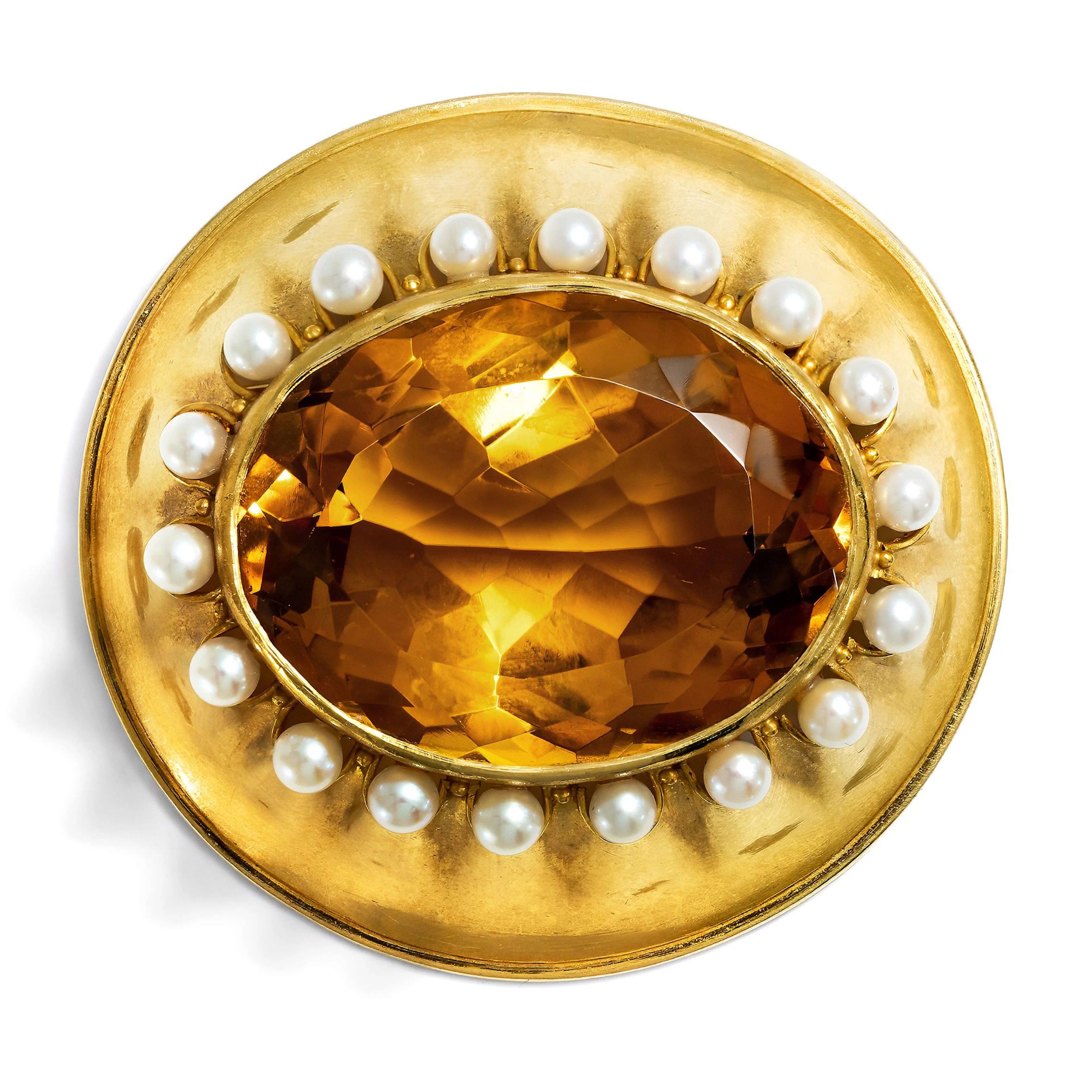Large Vintage Brooch with Citrine & Pearls in Gold, Circa 1960