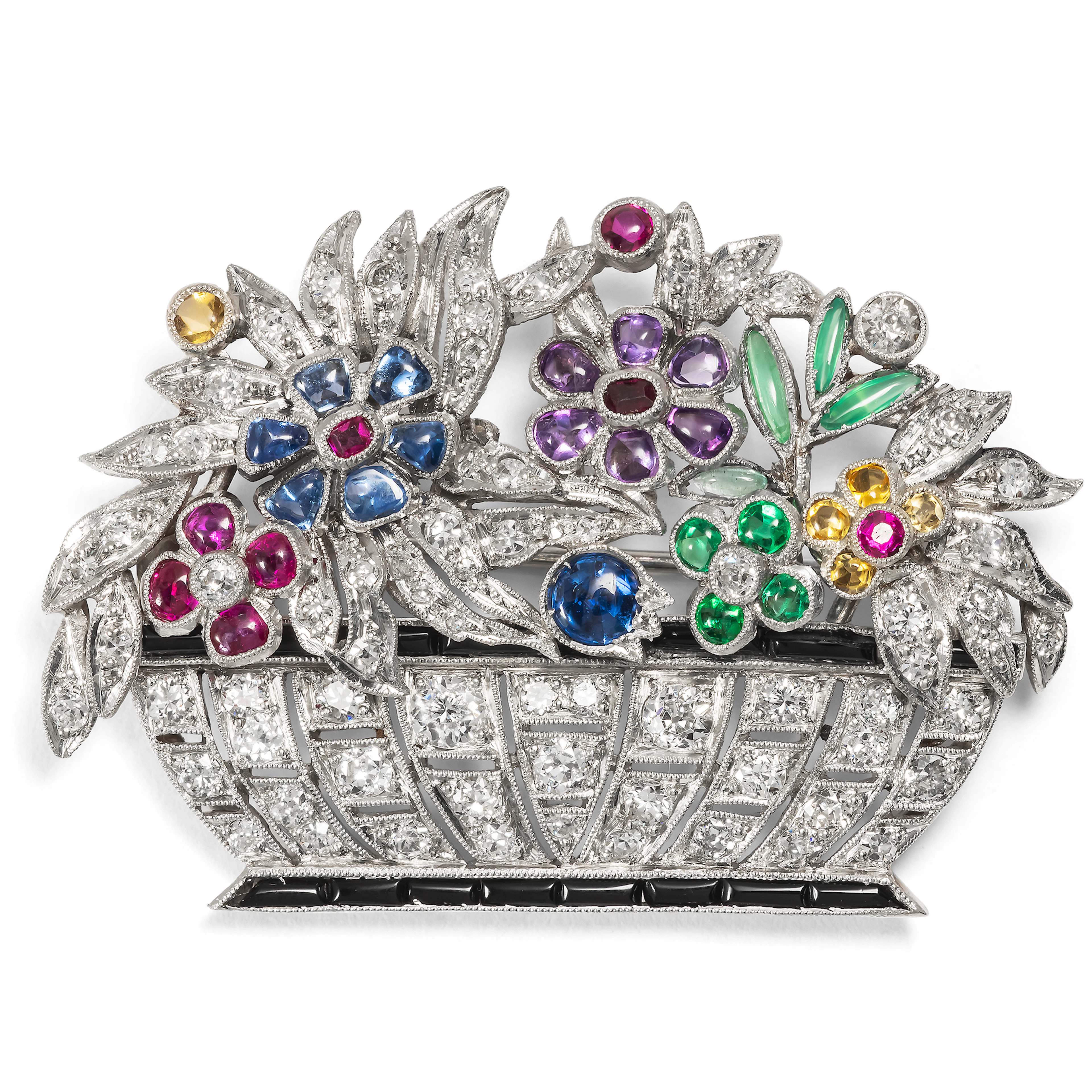 Elegant Art Deco Brooch with Coloured Gemstones and Diamonds in Platinum