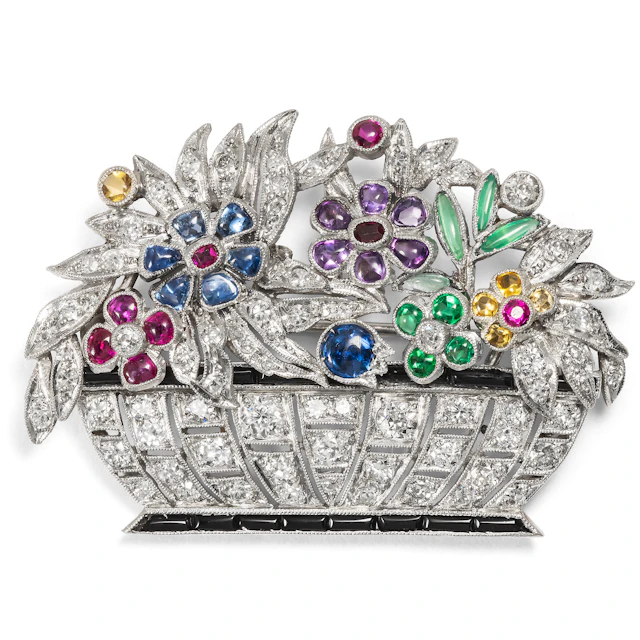 Elegant Art Deco Brooch with Coloured Gemstones and Diamonds in Platinum