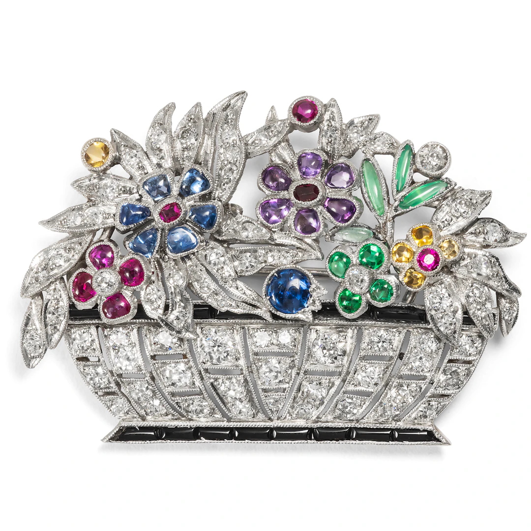 Elegant Art Deco Brooch with Coloured Gemstones and Diamonds in Platinum