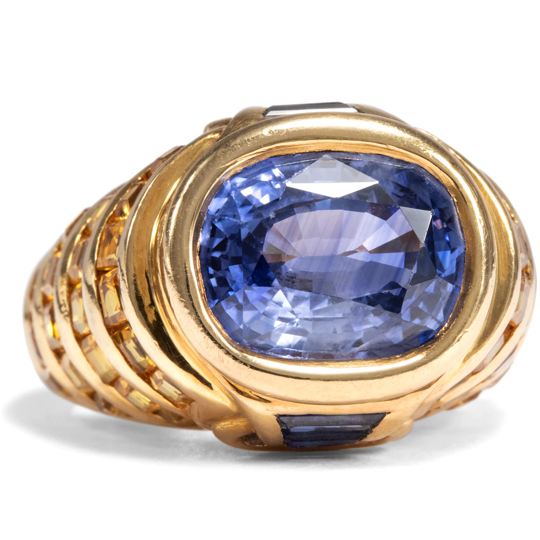 Luxurious Vintage Gold Ring With Blue & Yellow Sapphires, Paris c. 1985