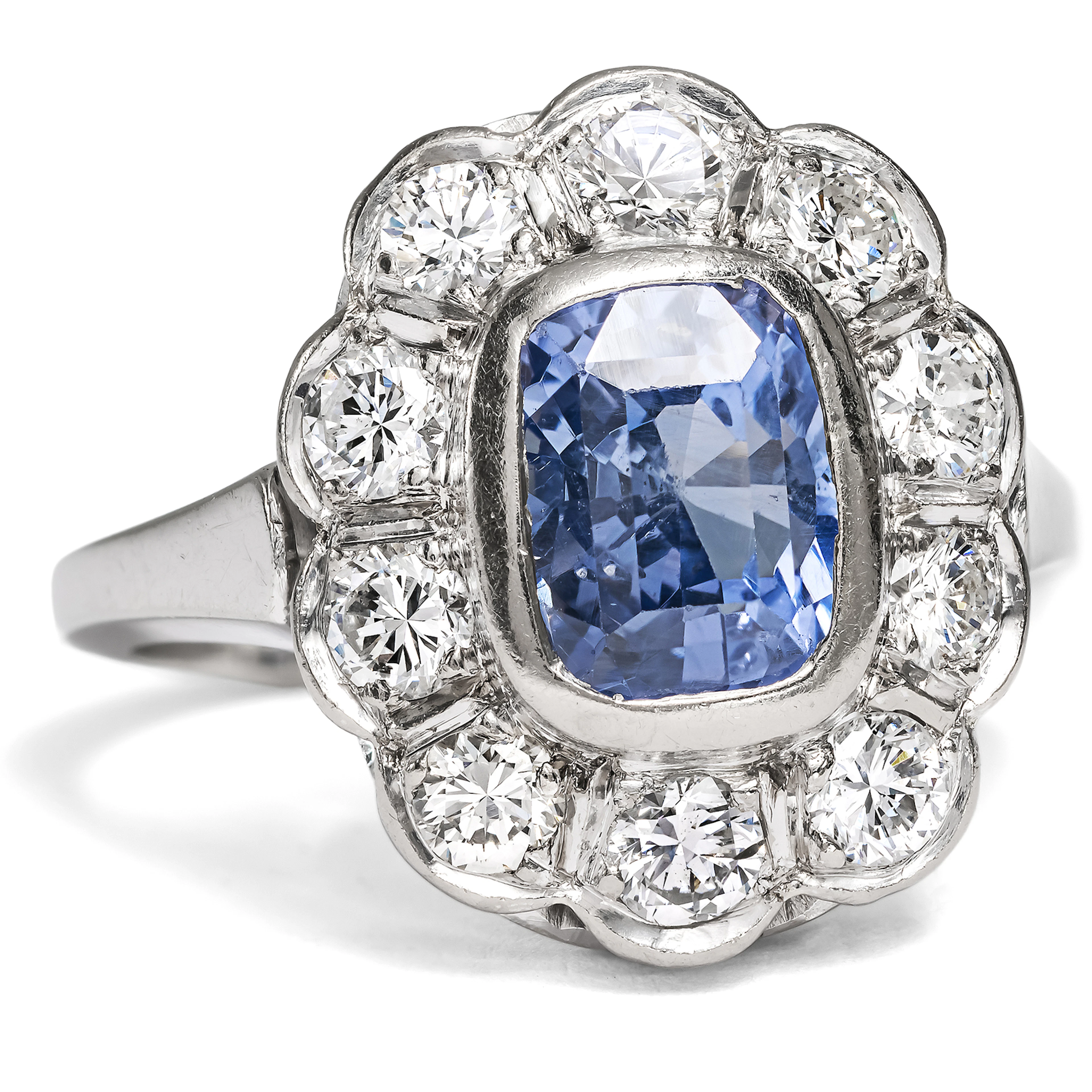 Vintage Ring with Untreated Ceylon Sapphire & Diamonds in White Gold, c. 1950