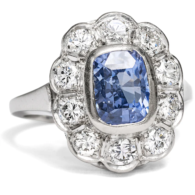 Vintage Ring with Untreated Ceylon Sapphire & Diamonds in White Gold, c. 1950