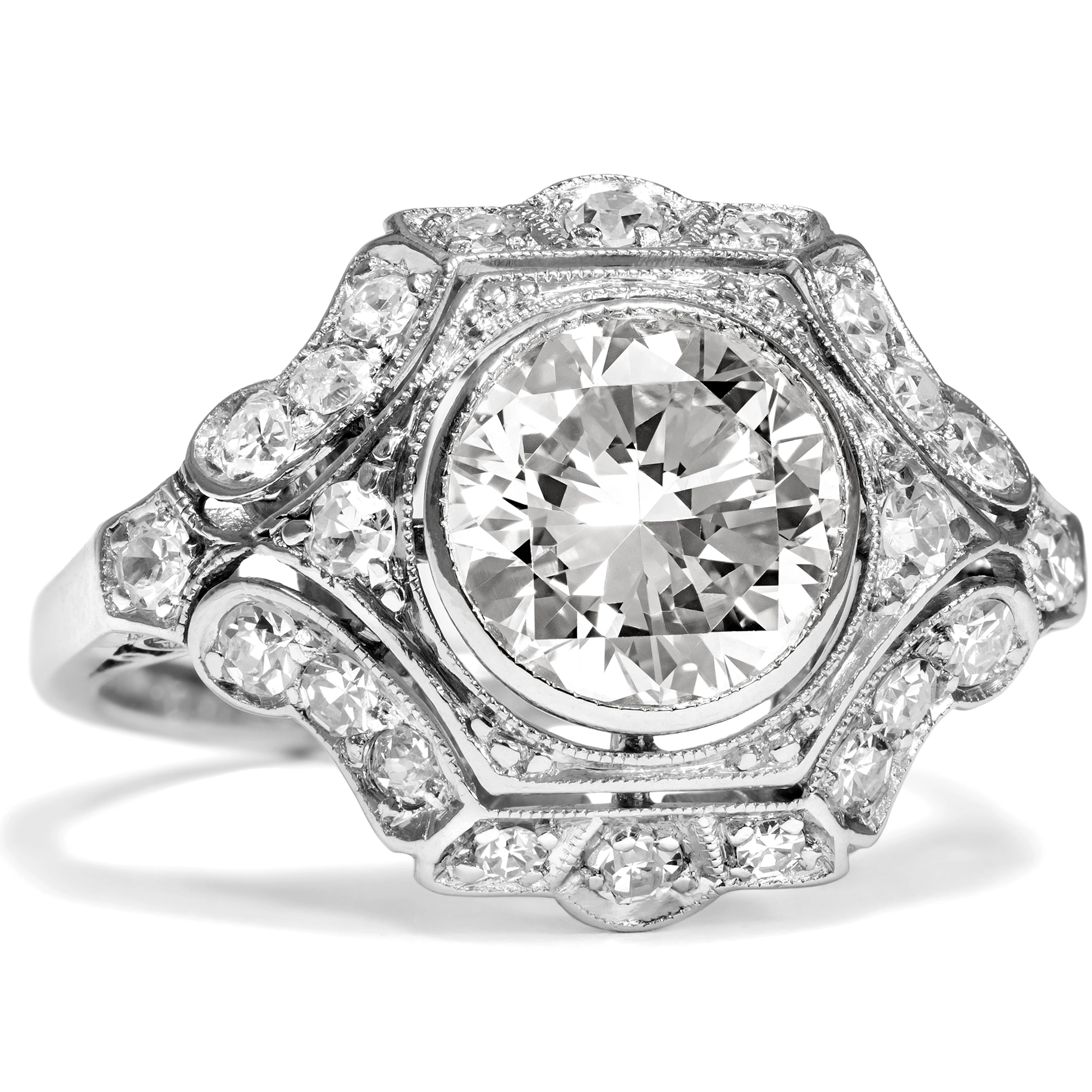 Timeless Art Déco Platinum Ring With 1.50 ct Old European Cut Diamond