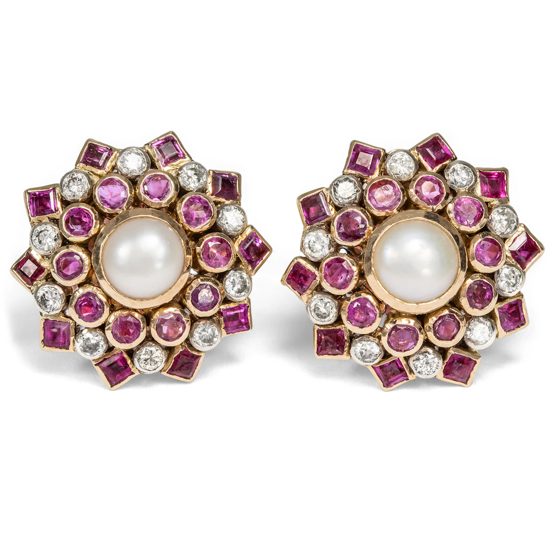 Magnificent Vintage Stud Earrings with Rubies, Diamonds & Pearls in