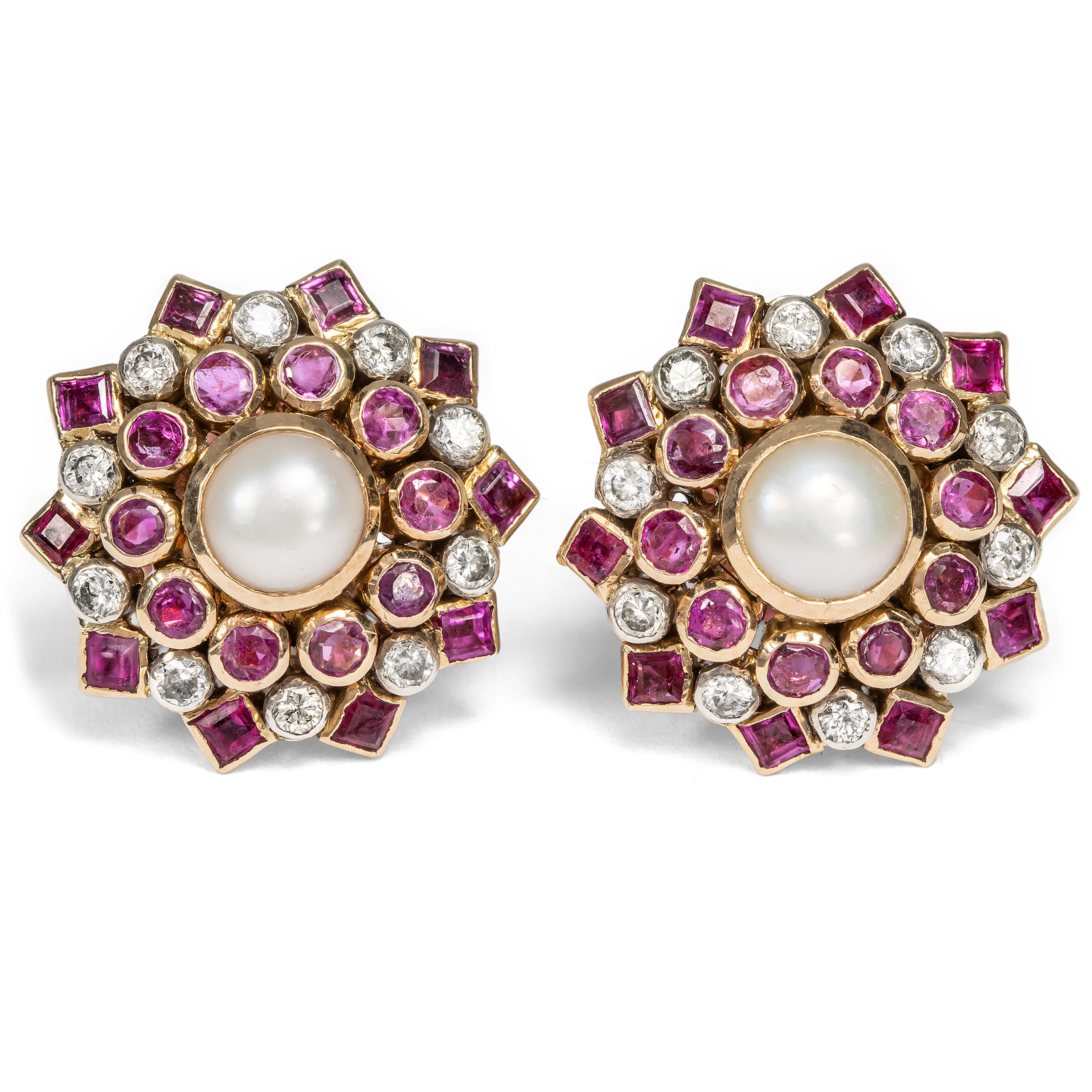 Magnificent Vintage Stud Earrings with Rubies, Diamonds & Pearls in