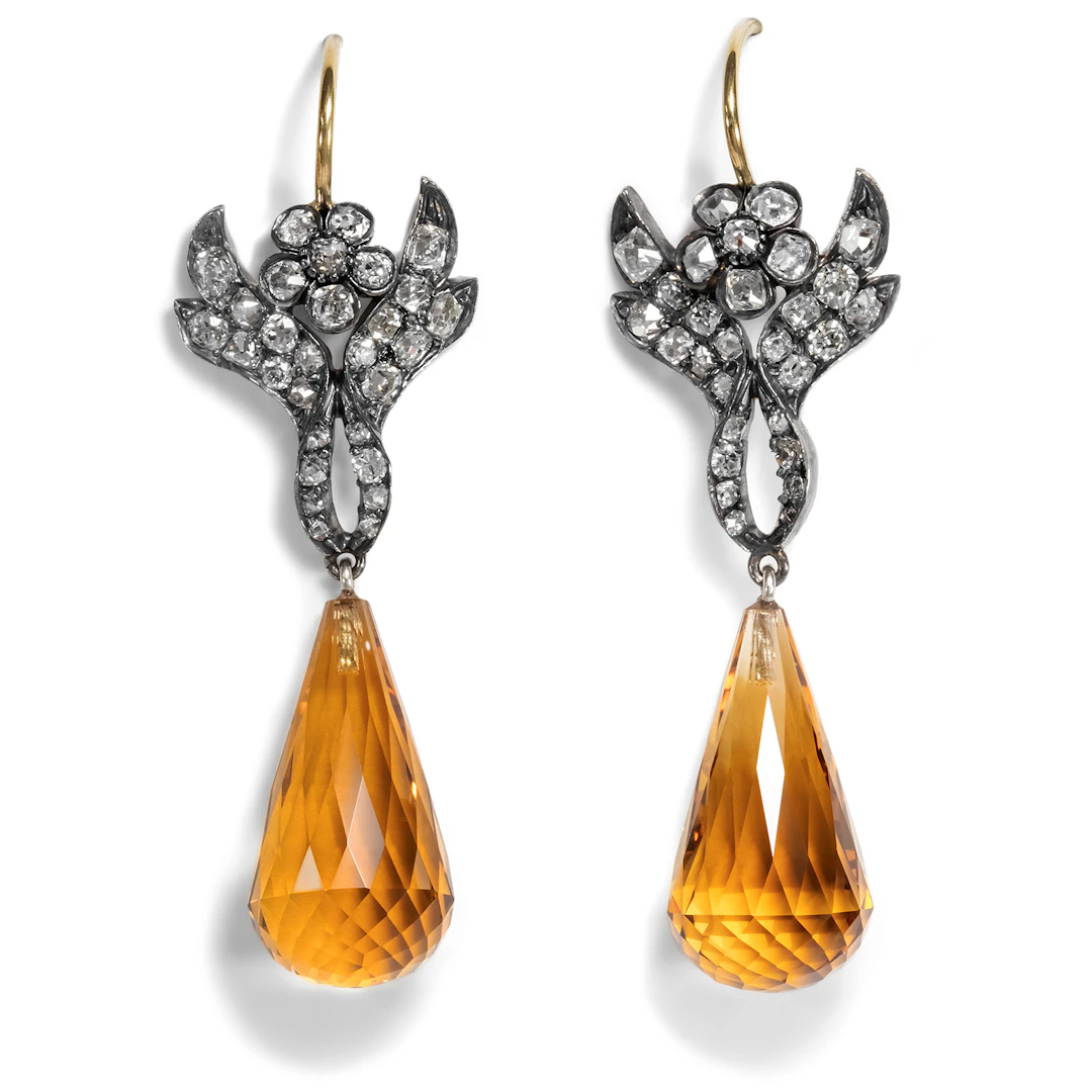 Drop Earrings With Citrines & Antique Diamond Elements From Our Workshop
