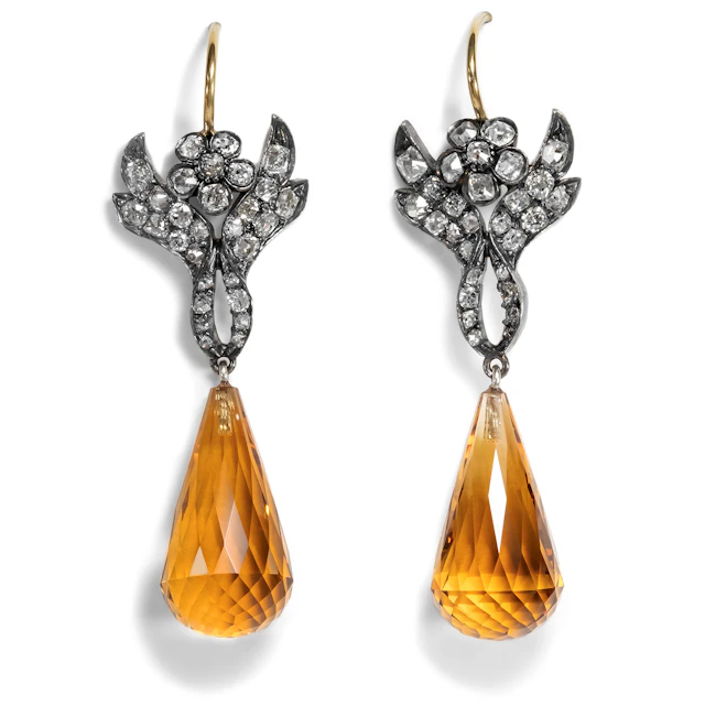 Drop Earrings With Citrines & Antique Diamond Elements From Our Workshop