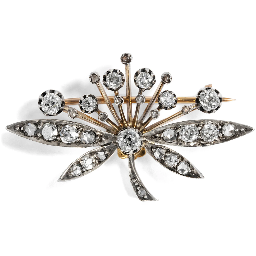 Antique Brooch With Old Cut Diamonds in Silver & Gold, c. 1900