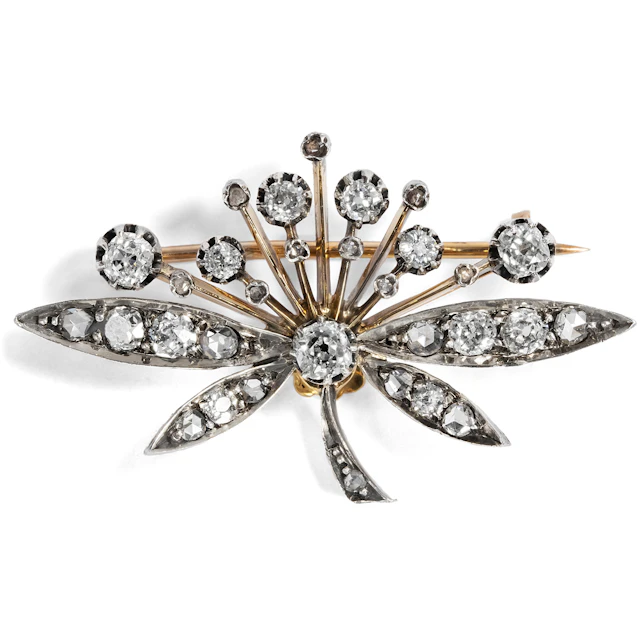 Antique Brooch With Old Cut Diamonds in Silver & Gold, c. 1900