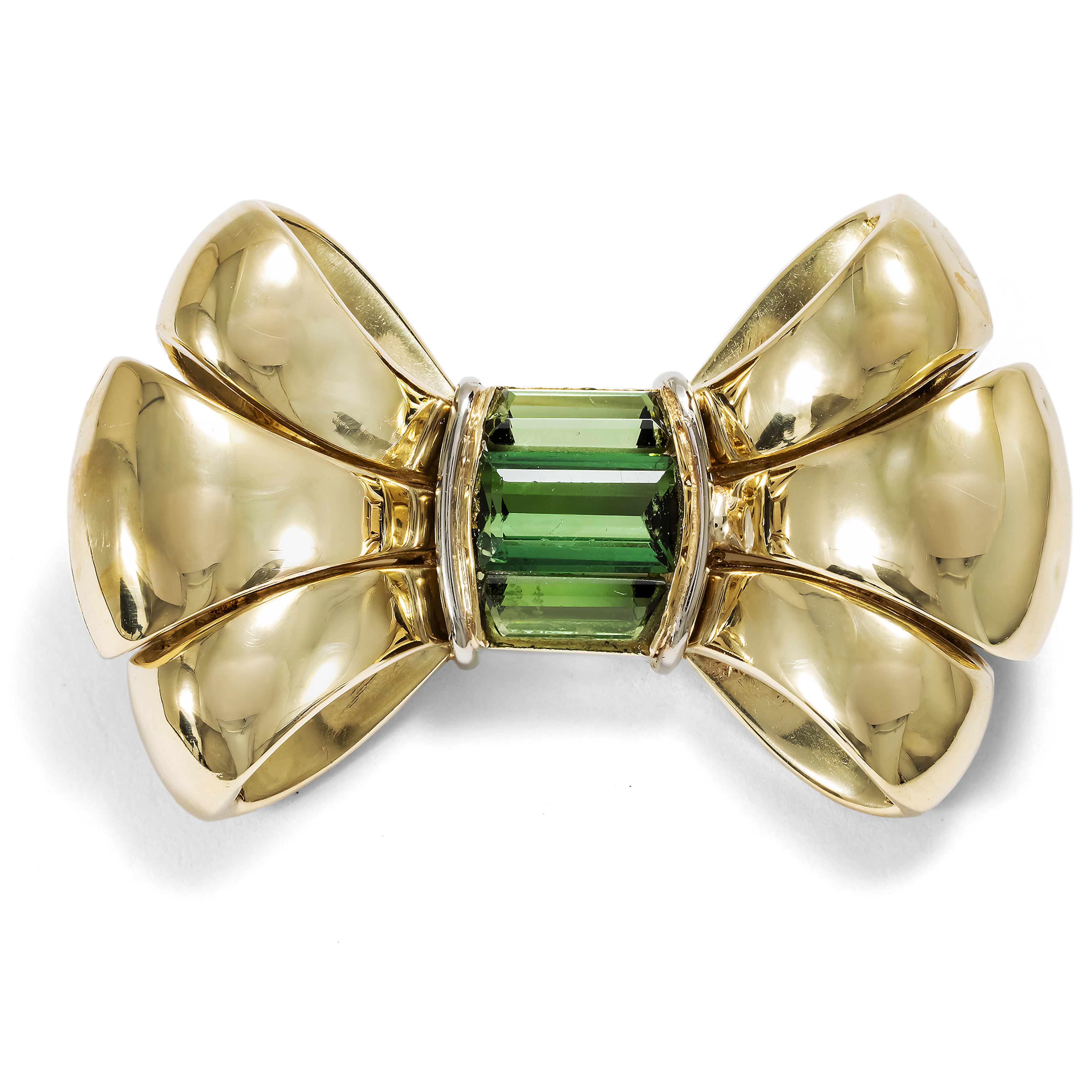 Cute Bow Brooch with Tourmalines in Gold, Germany, c. 1955