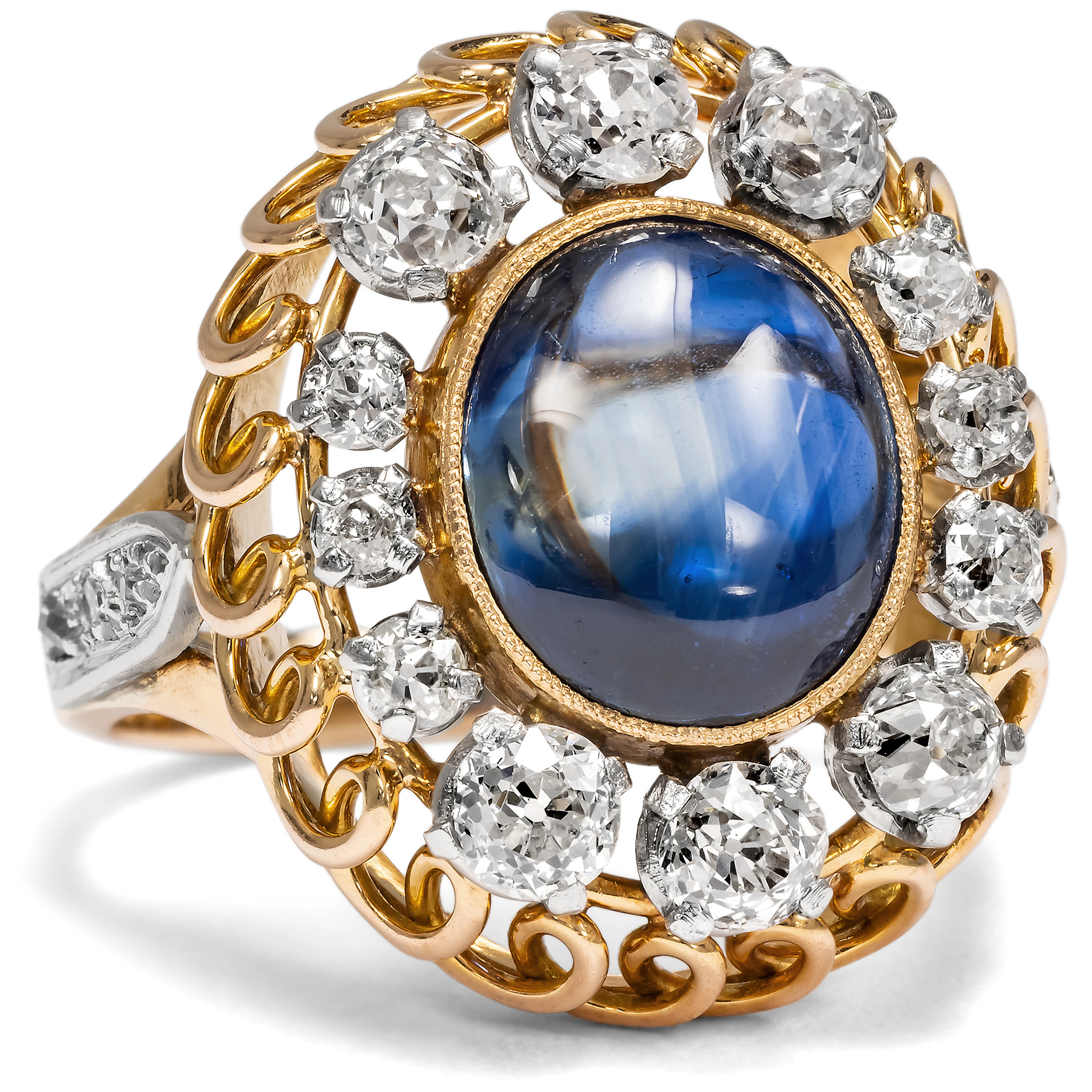 Luxurious "Retro Style" Ring with Sapphire & Diamonds, France c. 1950