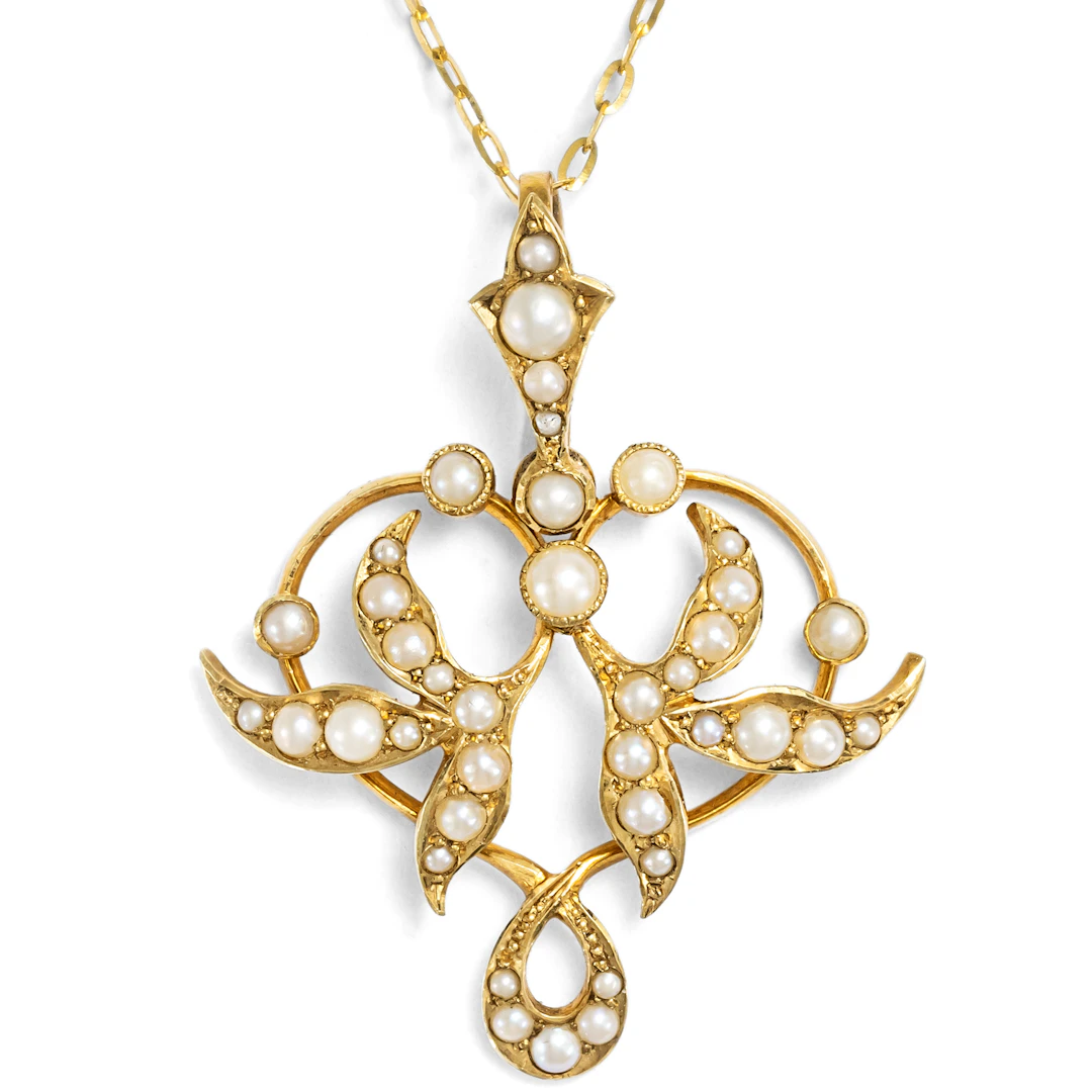 Antique Art Nouveau Pendant with Seed Pearls in Gold, British, c. 1905
