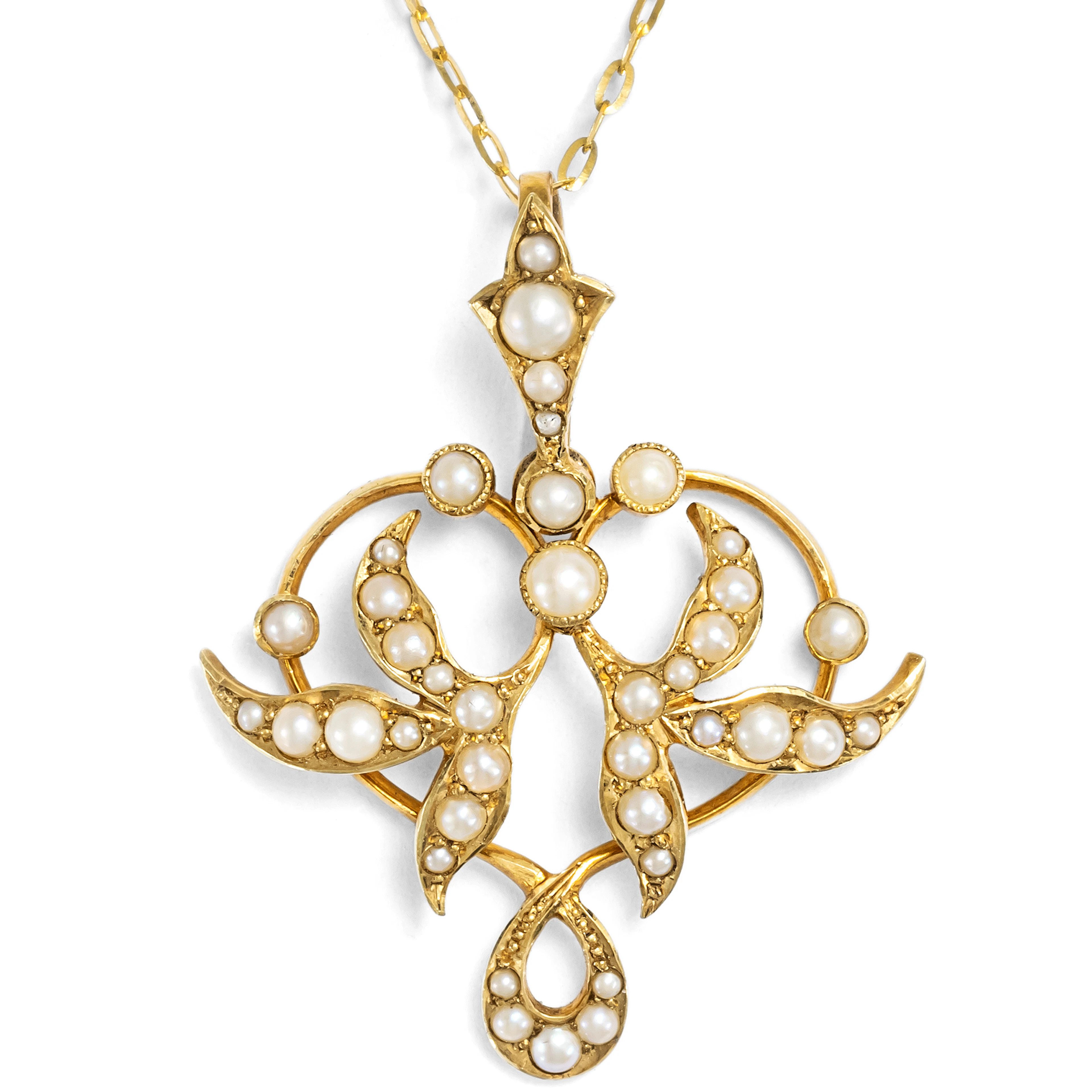 Antique Art Nouveau Pendant with Seed Pearls in Gold, British, c. 1905