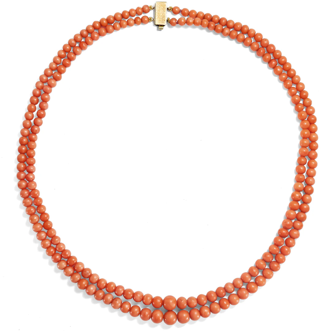 Double-Row Necklace Made Of Salmon Red Mediterranean Coral, c. 1900