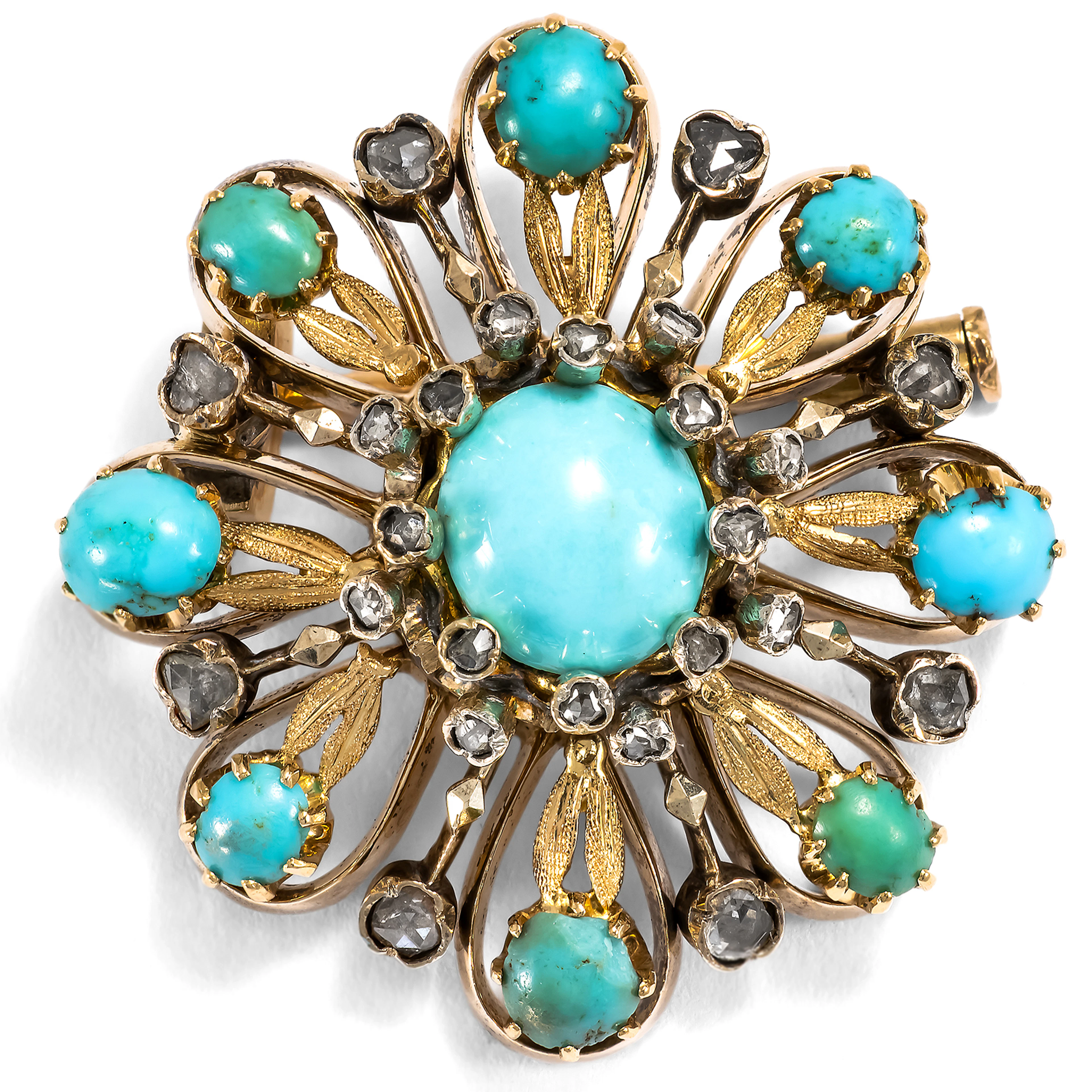 Antique Brooch with Turquoises and Diamonds in Gold, ca. 1880