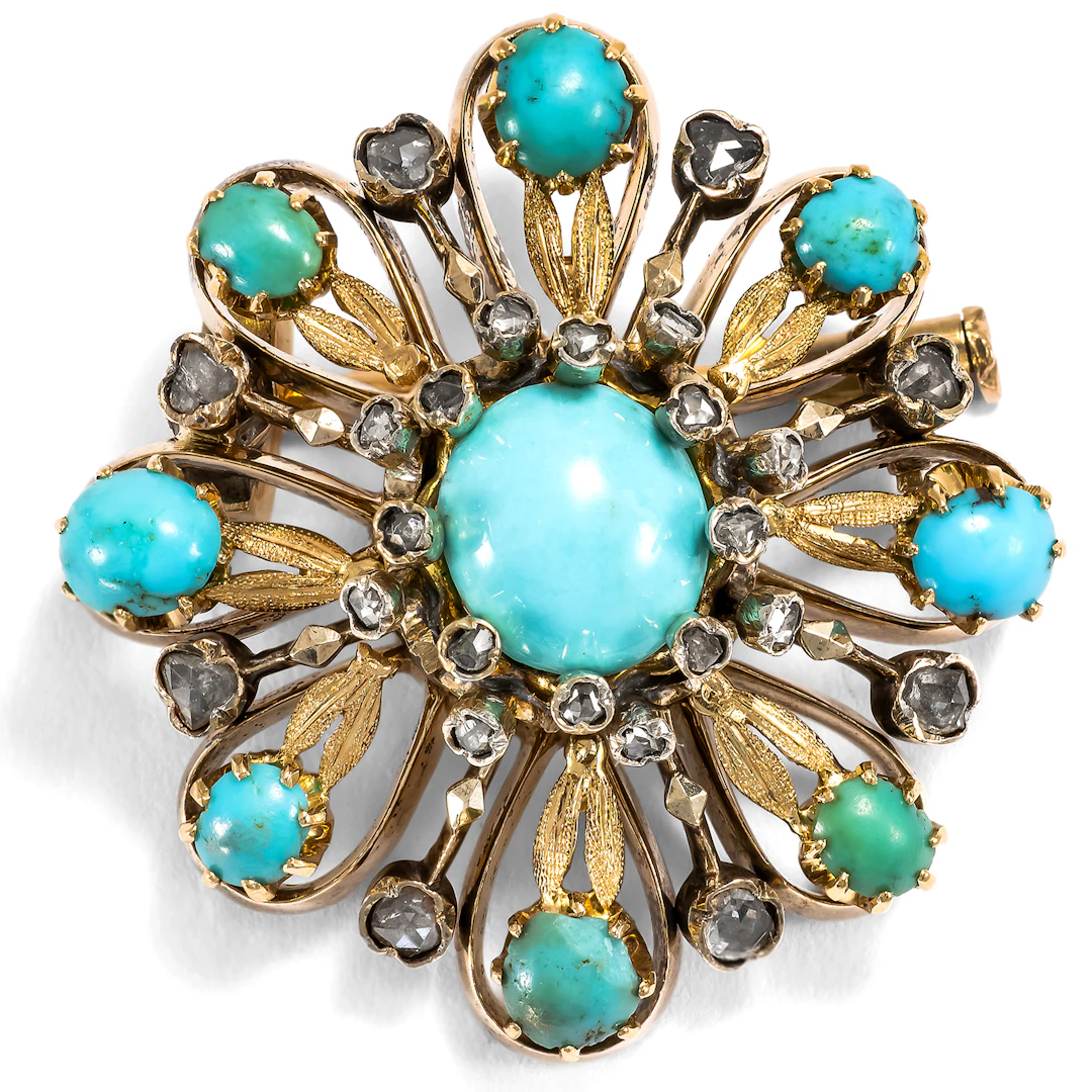 Antique Brooch with Turquoises and Diamonds in Gold, ca. 1880