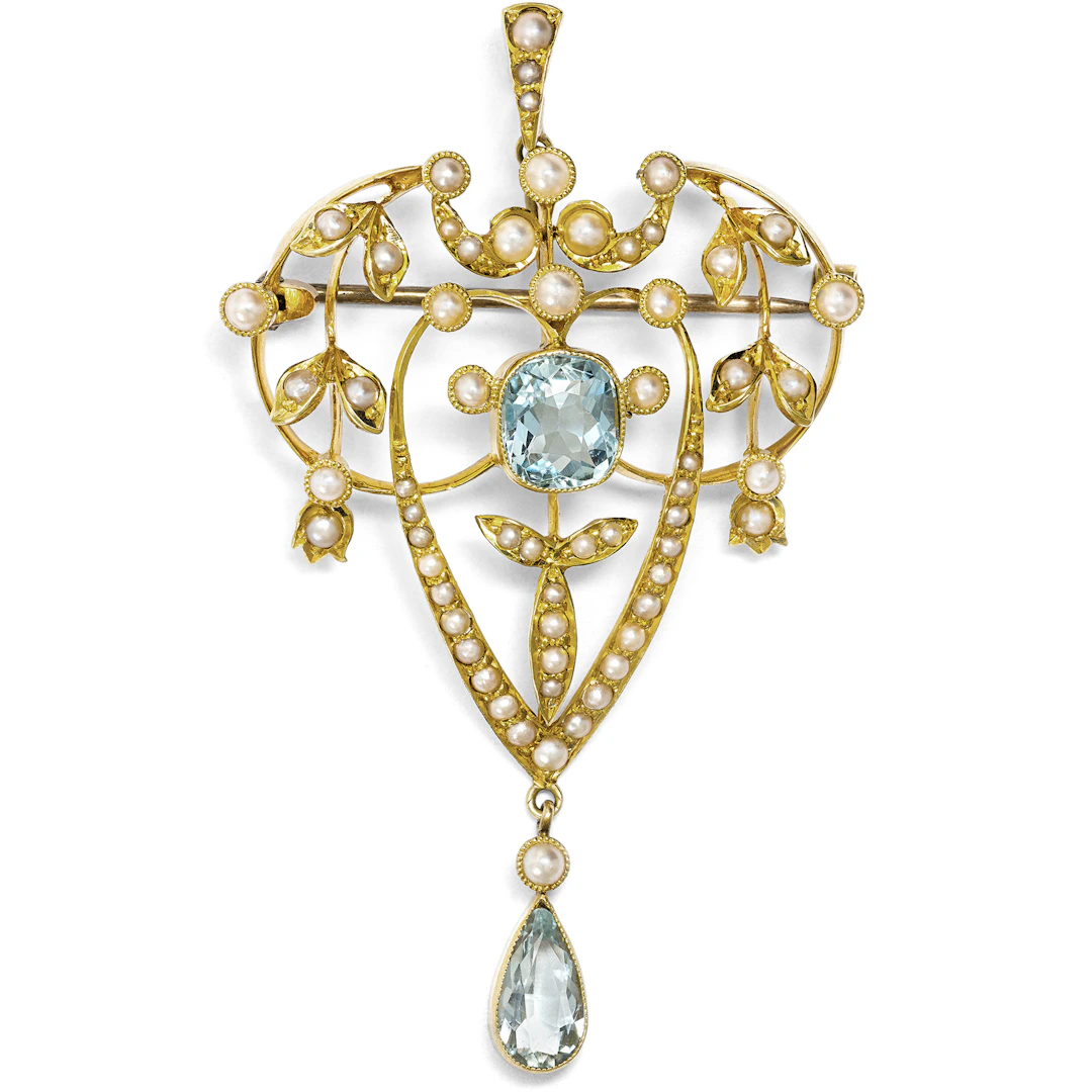 Charming Gold Pendant & Brooch with Aquamarines & Pearls, England c. 1905