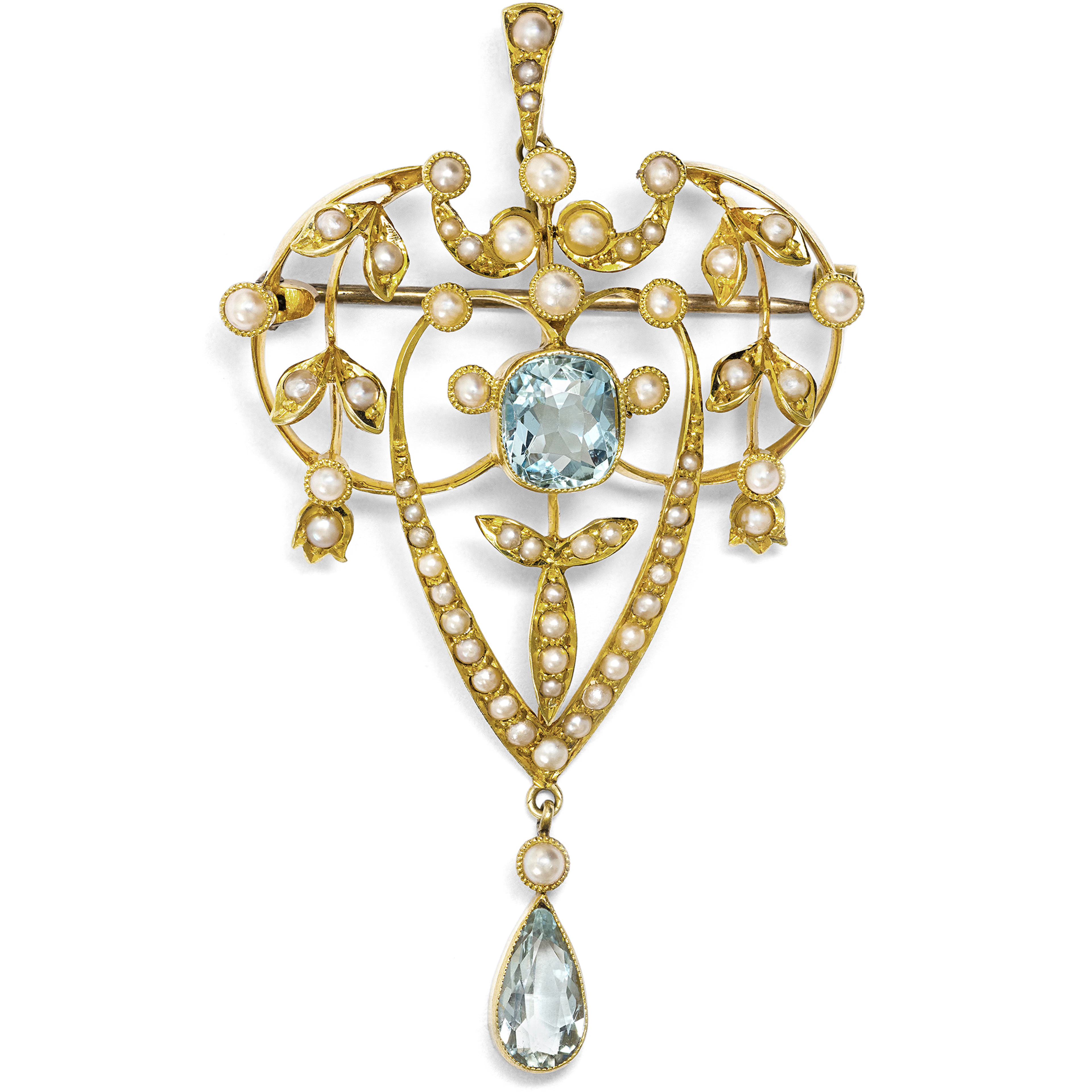 Charming Gold Pendant & Brooch with Aquamarines & Pearls, England c. 1905
