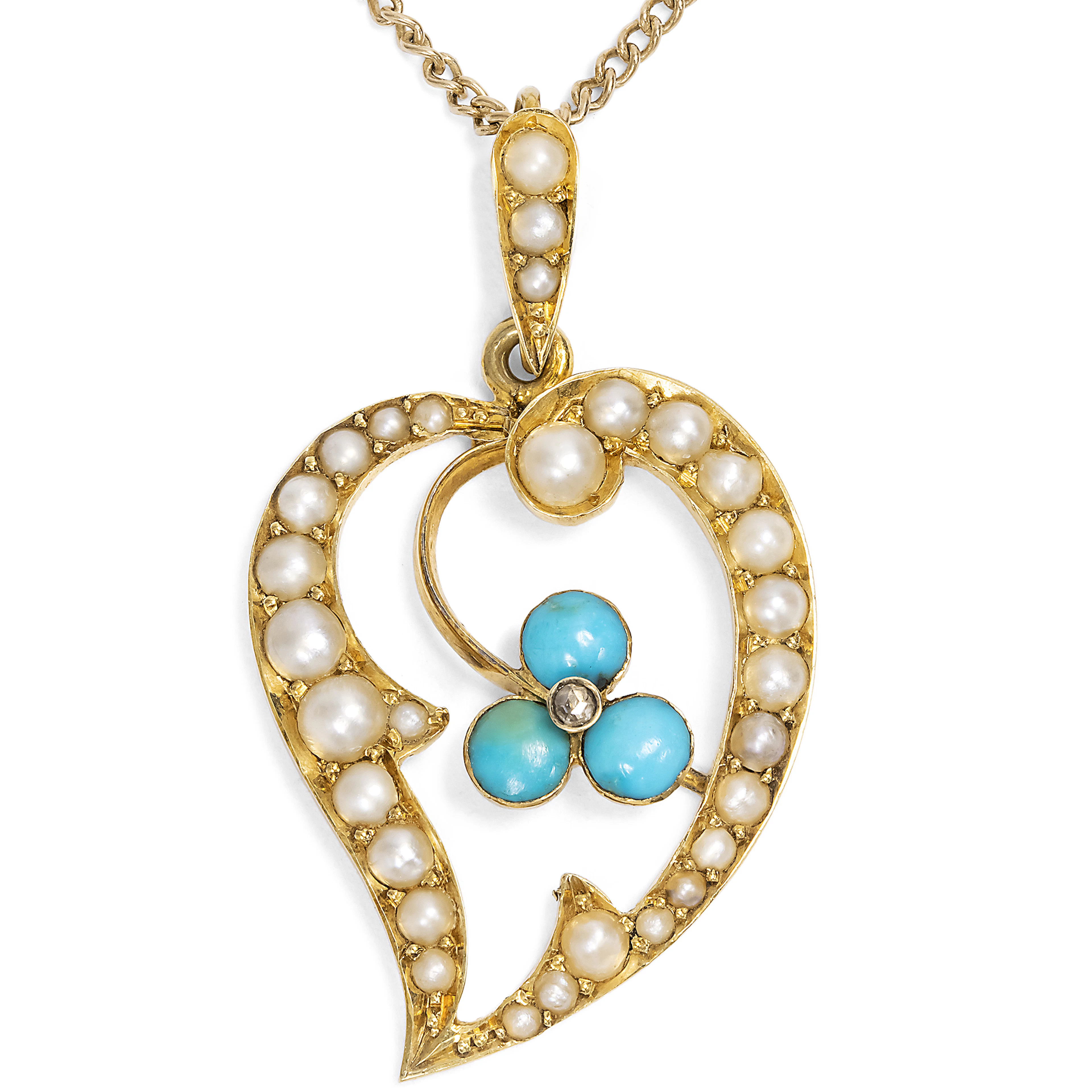 Romantic "Witch's Heart" Pendant with Turquoises & Pearls in Gold