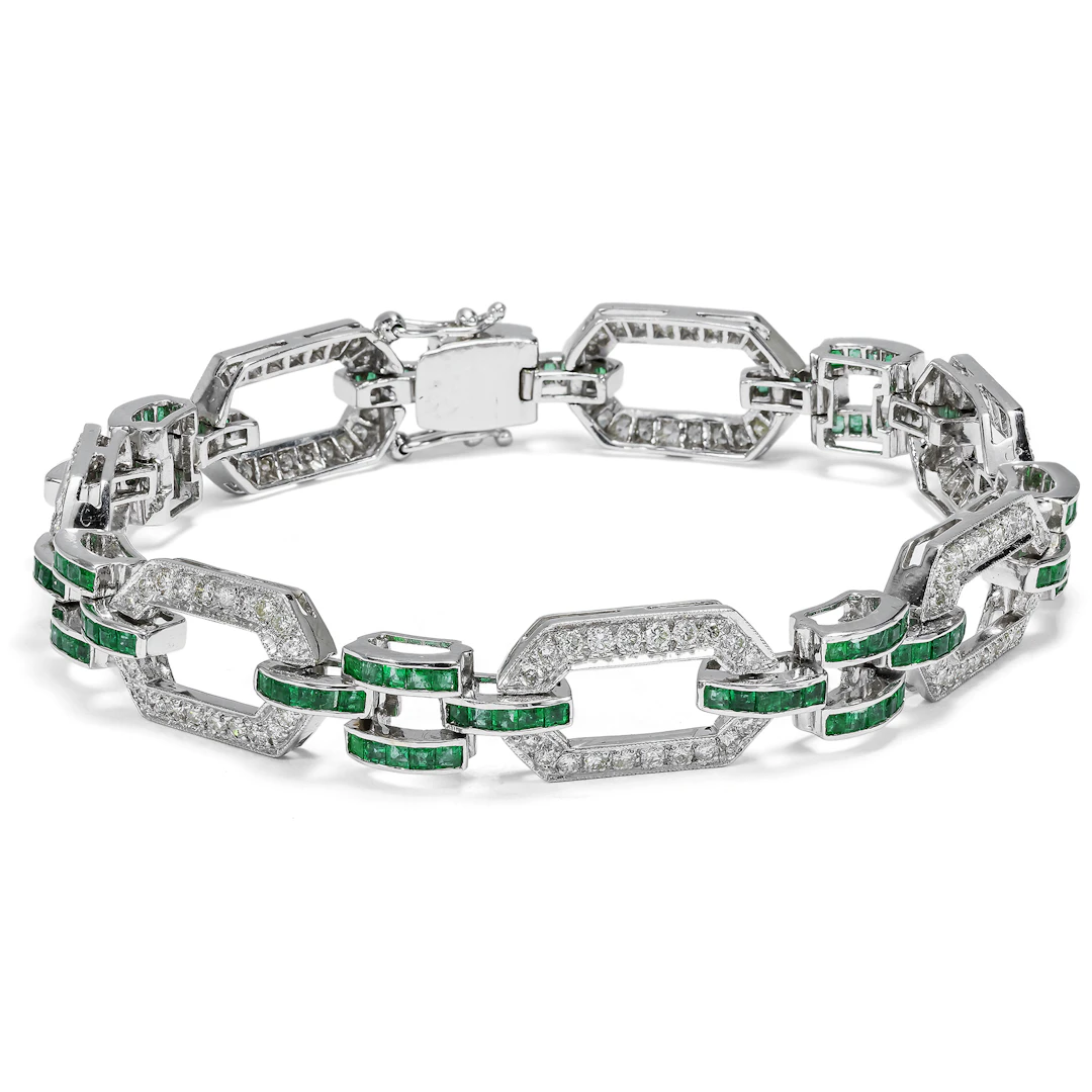 Contemporary Diamond and Emerald Bracelet in White Gold, c. 2000