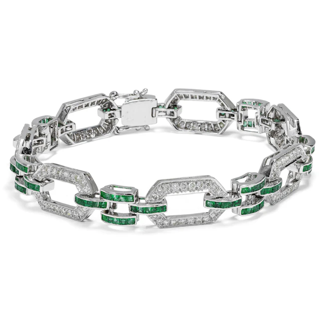 Contemporary Diamond and Emerald Bracelet in White Gold, c. 2000