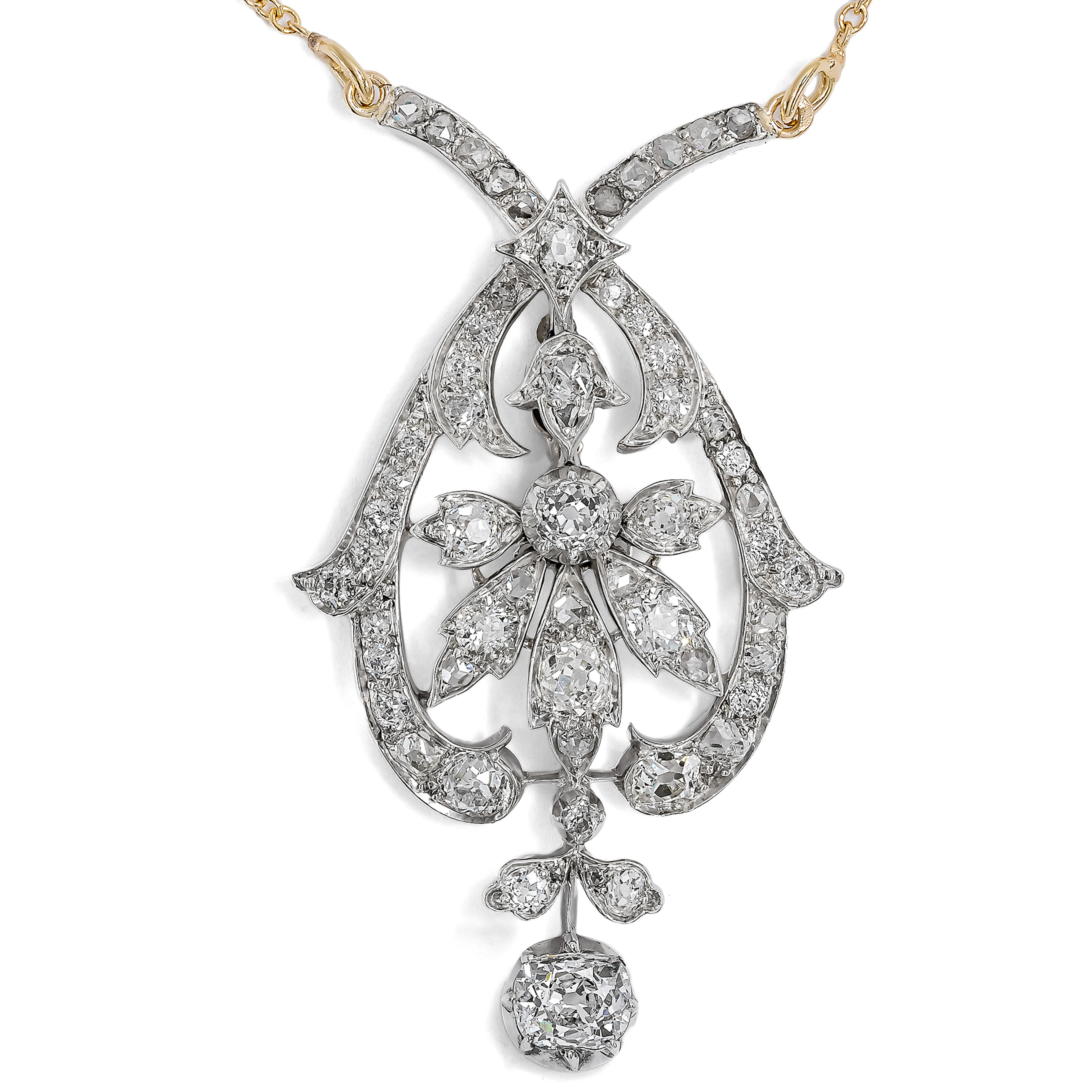 Beautiful Old Cut Diamond Necklace in Silver on Gold, c. 1890 & later