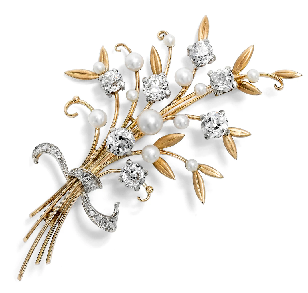 Luxurious Retro Style Brooch with Diamonds and Pearls in Gold, Vienna, c. 1950