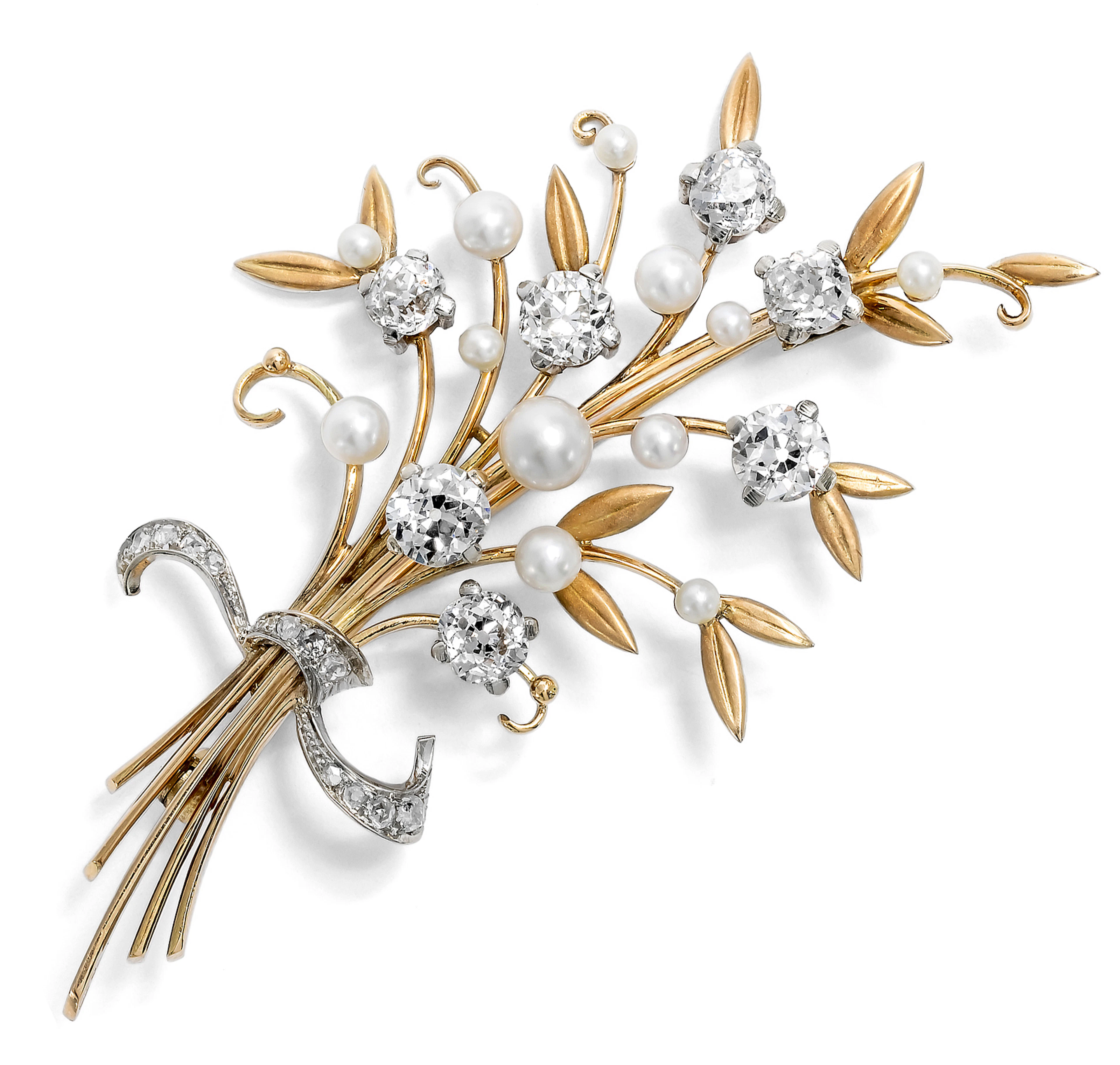 Luxurious Retro Style Brooch with Diamonds and Pearls in Gold, Vienna, c. 1950
