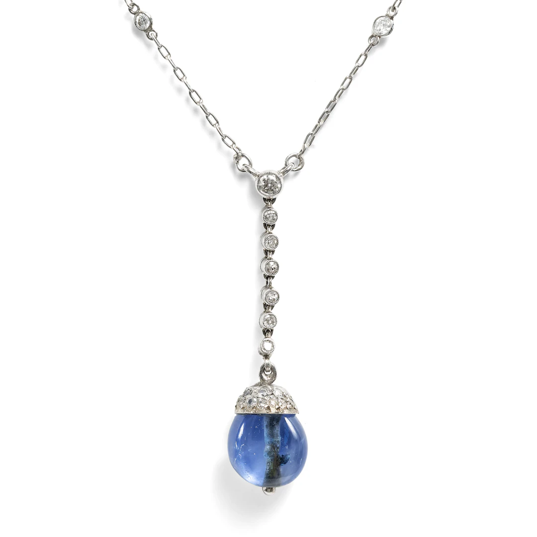 Elegant Necklace with Untreated Sapphire & Diamonds in Platinum, c. 1910