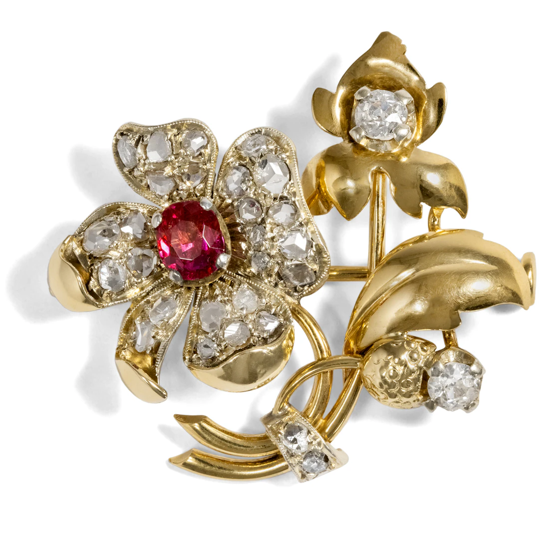 Luxurious "Retro Style" Brooch With Ruby & Diamonds, c. 1945