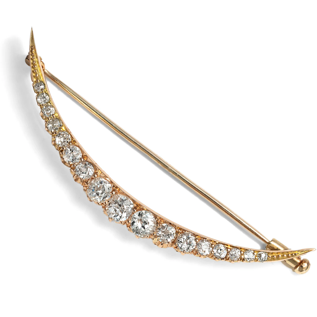 Antique Crescent Moon Brooch with Old Cut Diamonds in Gold, c. 1900 & later