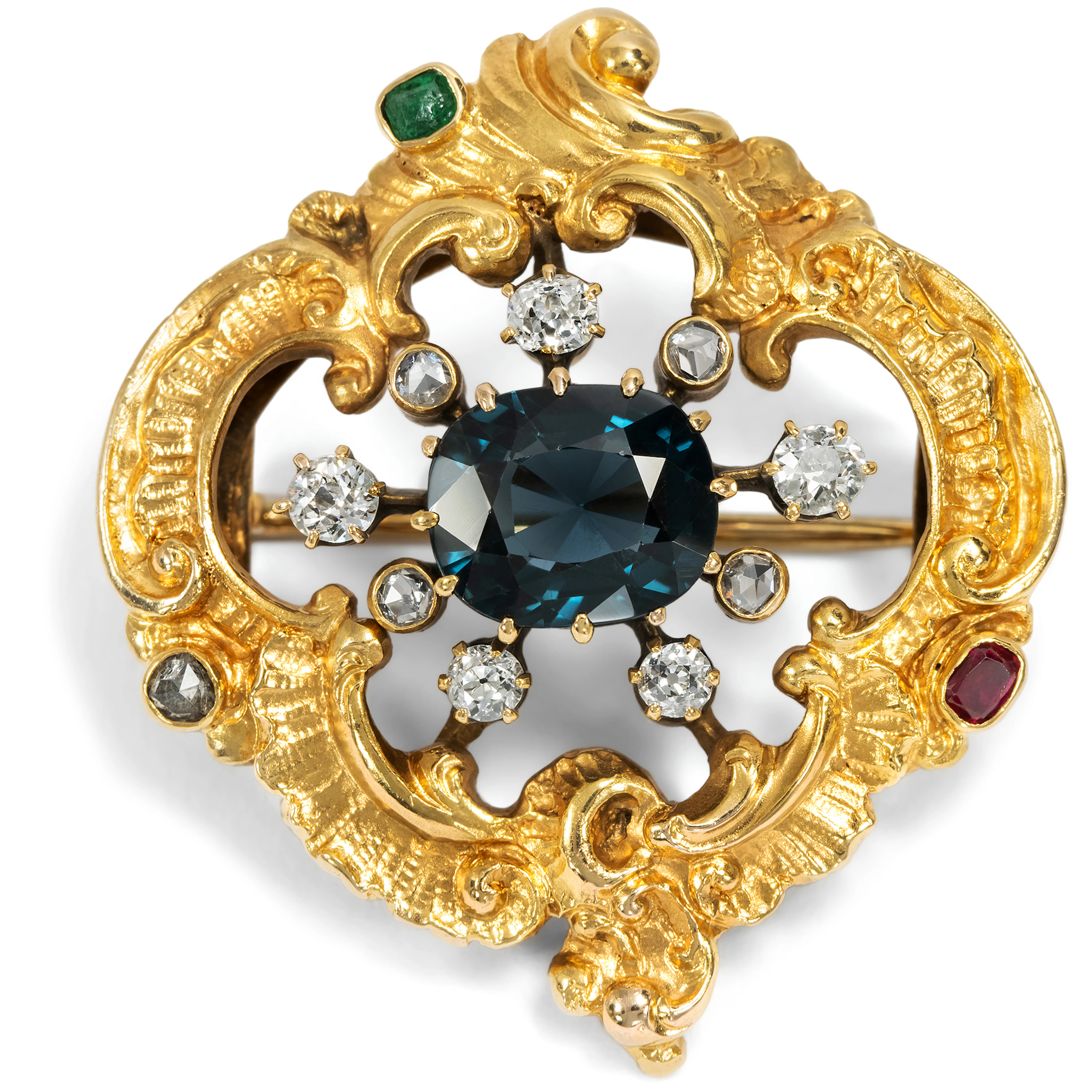 Magnificent Gold Brooch with Spinel, Diamonds, Ruby & Emerald, c. 1890