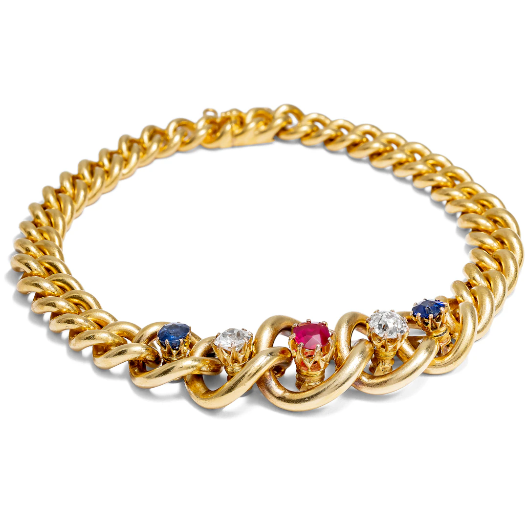 Magnificent Gold Curb Bracelet with Untreated Ruby, Sapphires & Diamonds